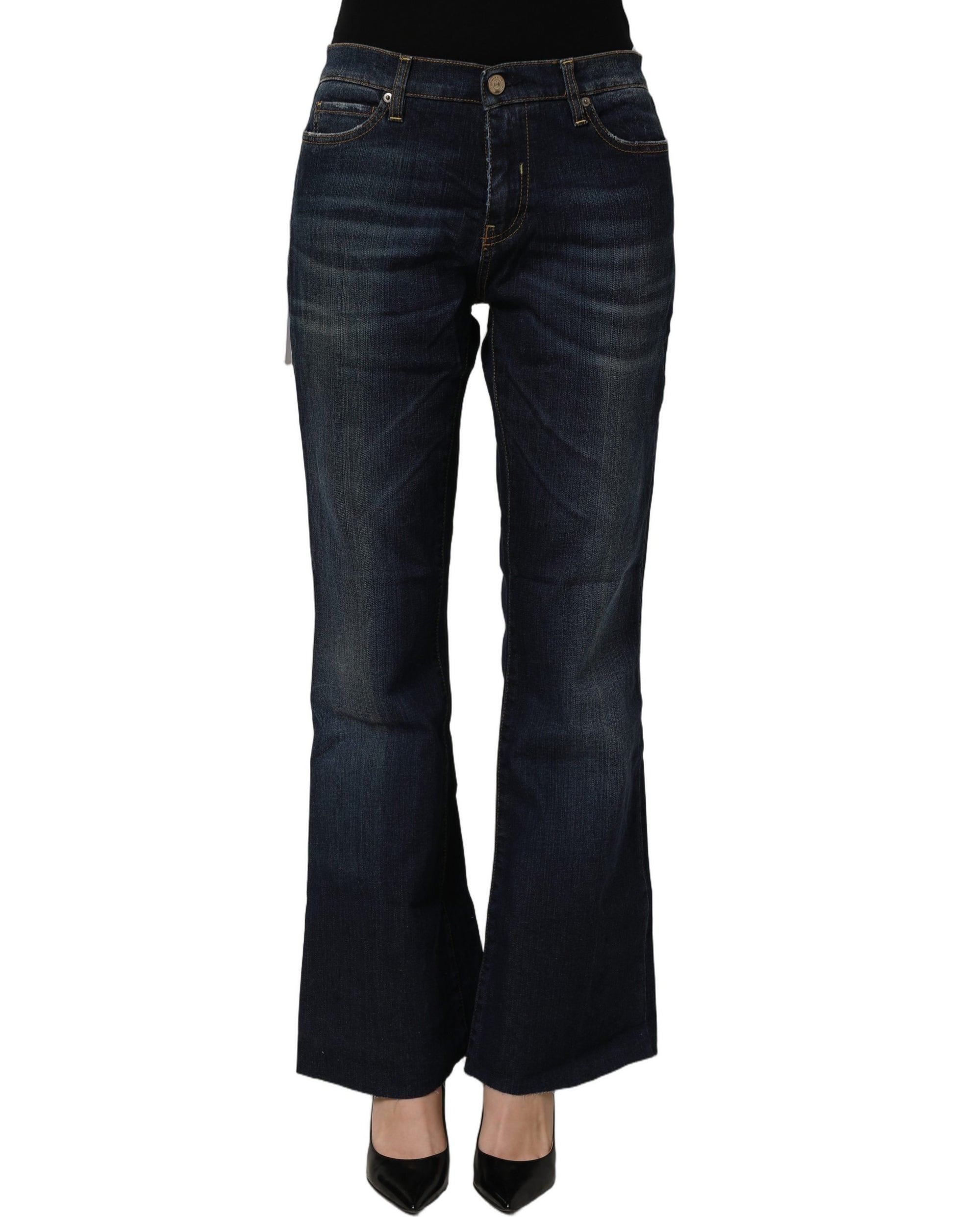 Dark Blue Washed Mid-Waisted Flared Denim Casual Jeans