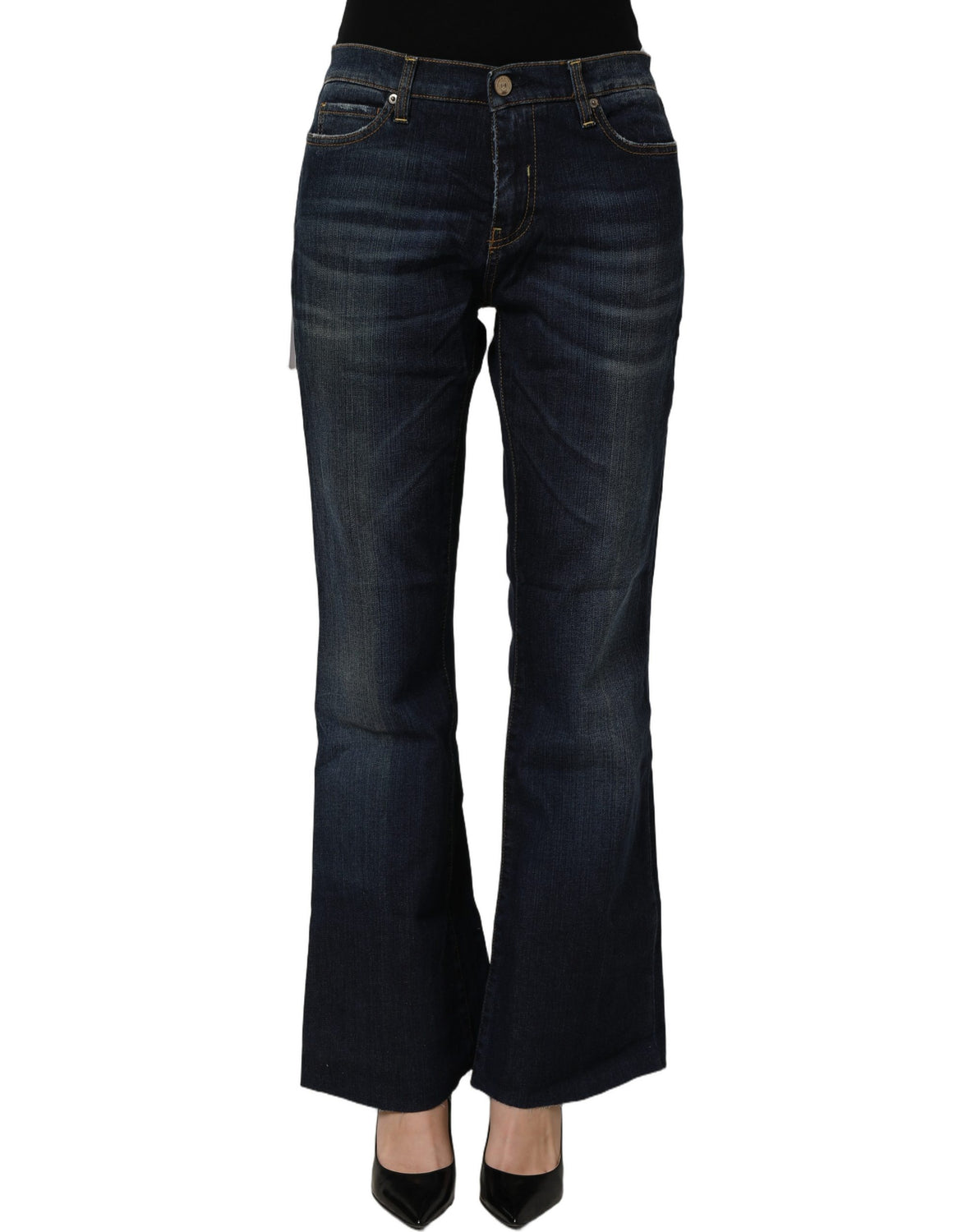 Dark Blue Washed Mid-Waisted Flared Denim Casual Jeans