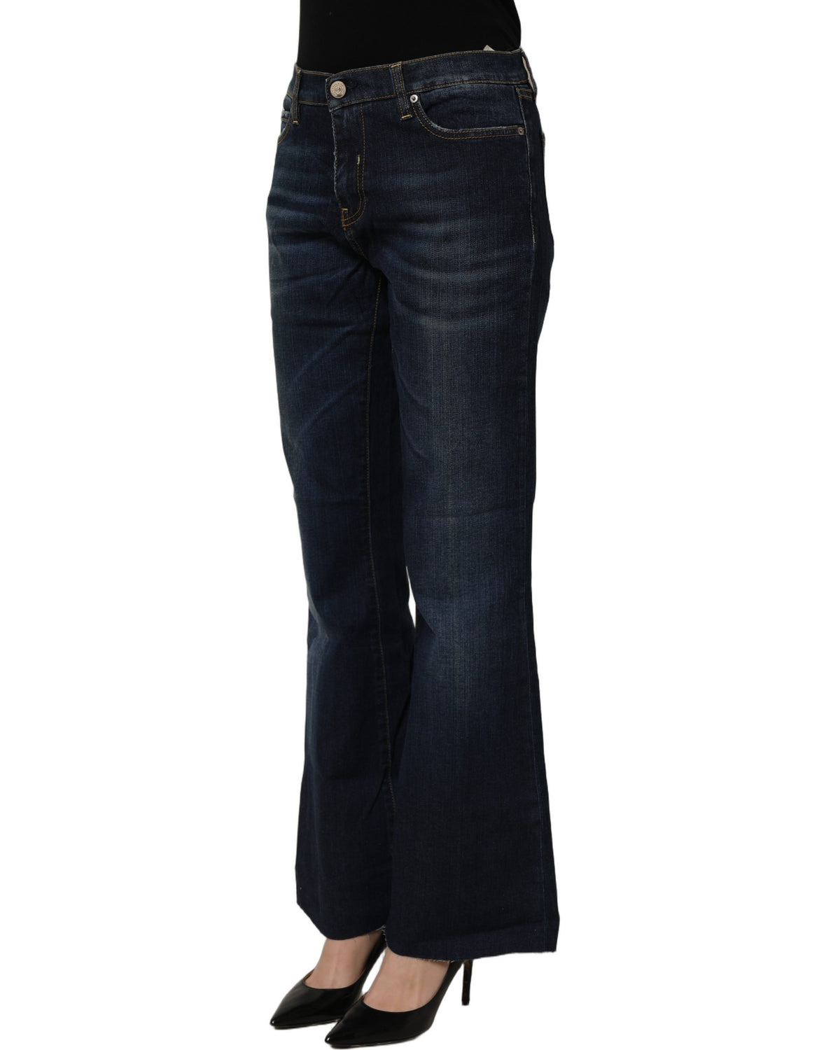 Dark Blue Washed Mid-Waisted Flared Denim Casual Jeans