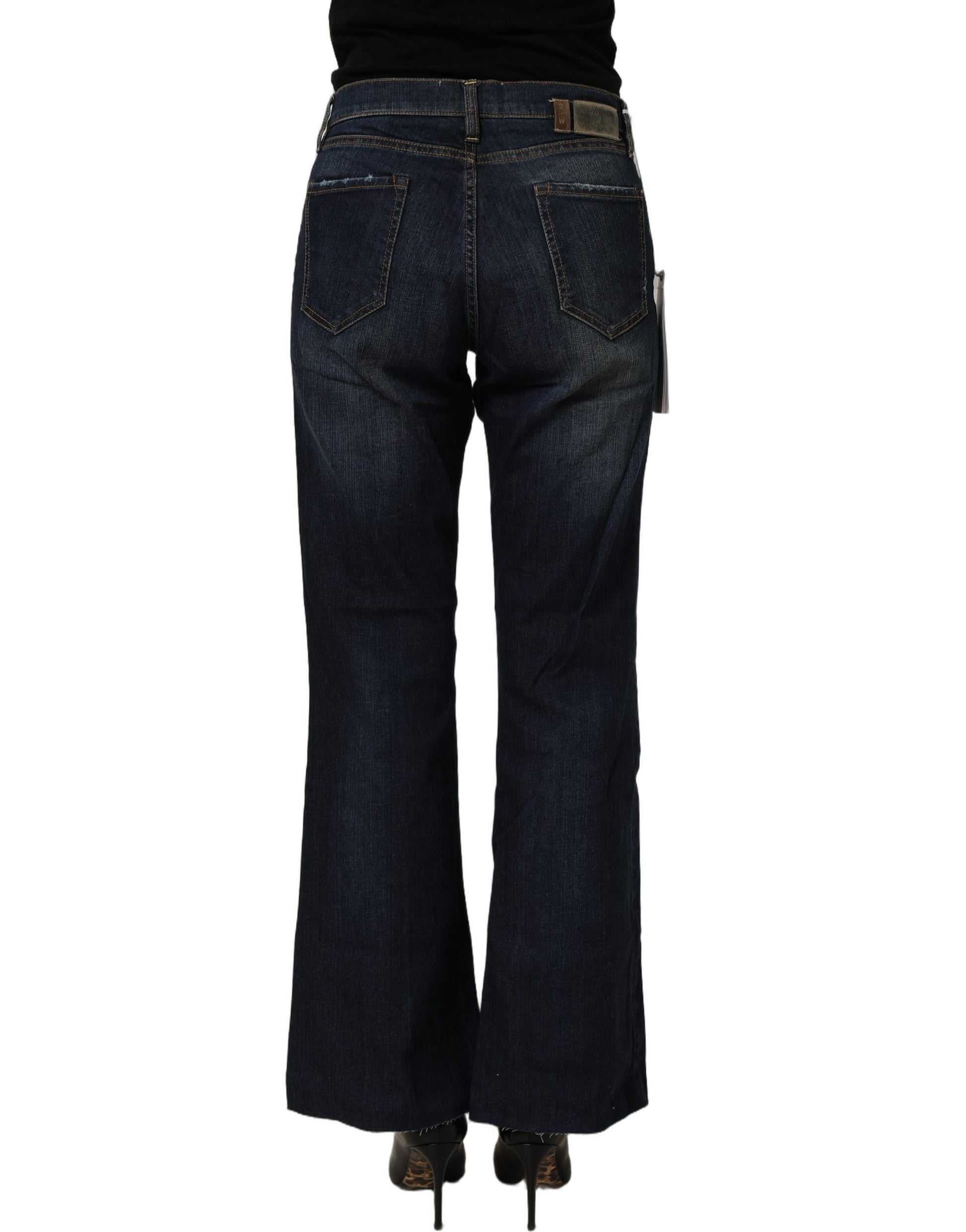 Dark Blue Washed Mid-Waisted Flared Denim Casual Jeans