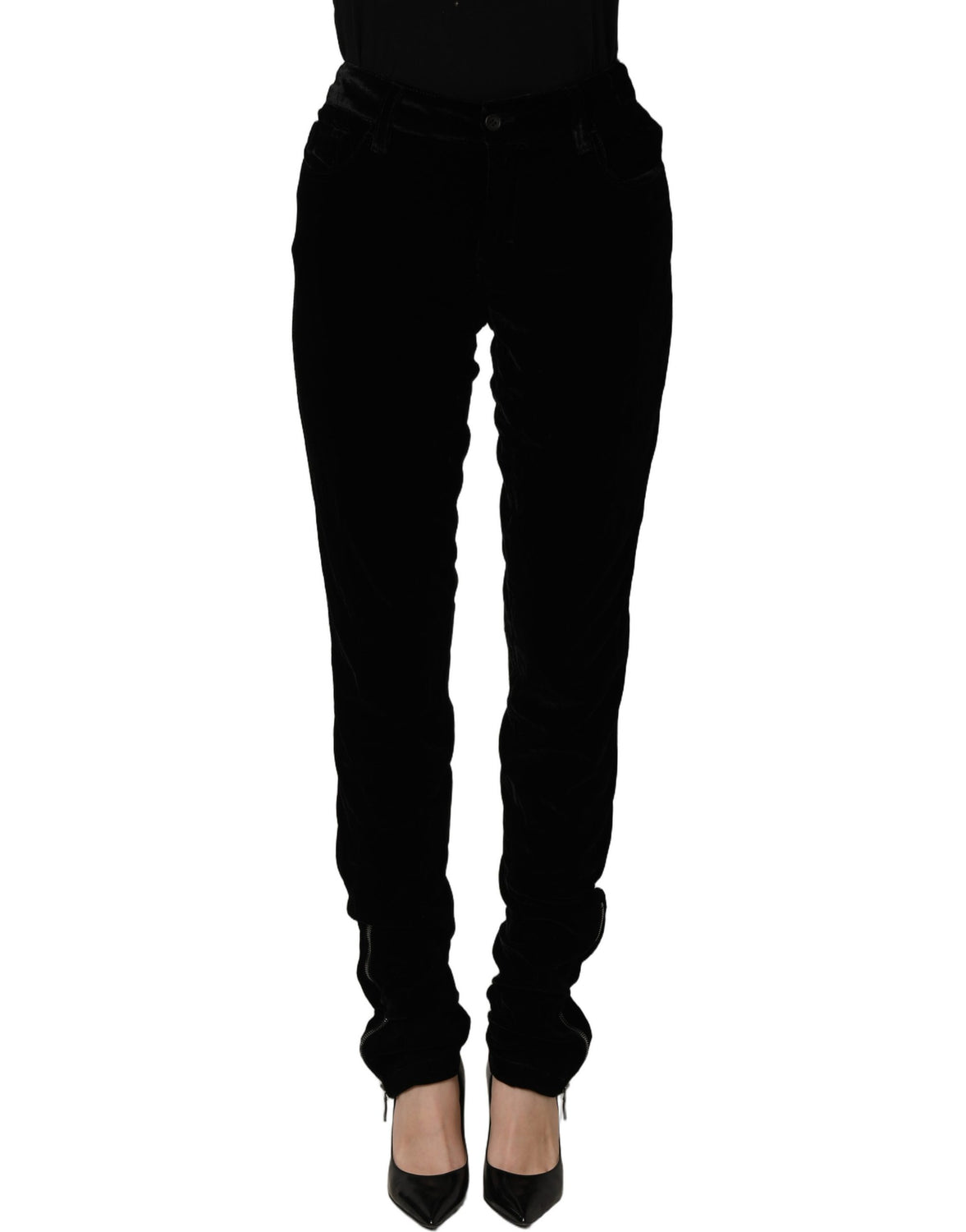 Black Viscose Blend Velvet Slim Fit Pants