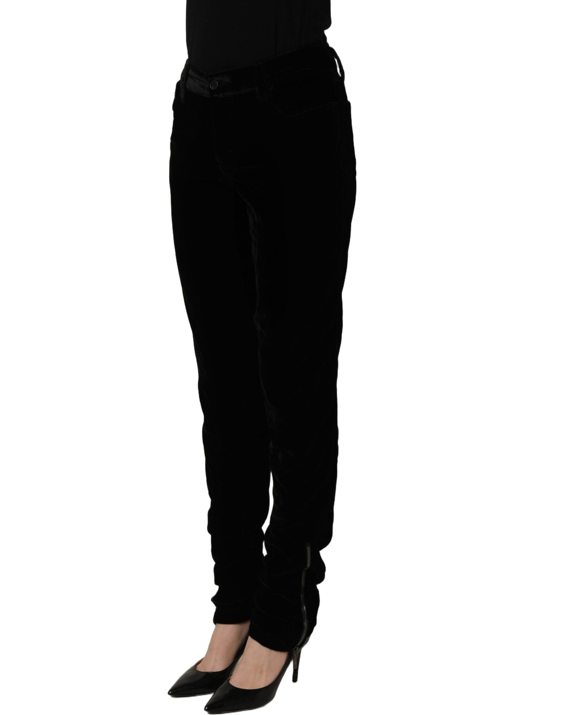 Black Viscose Blend Velvet Slim Fit Pants