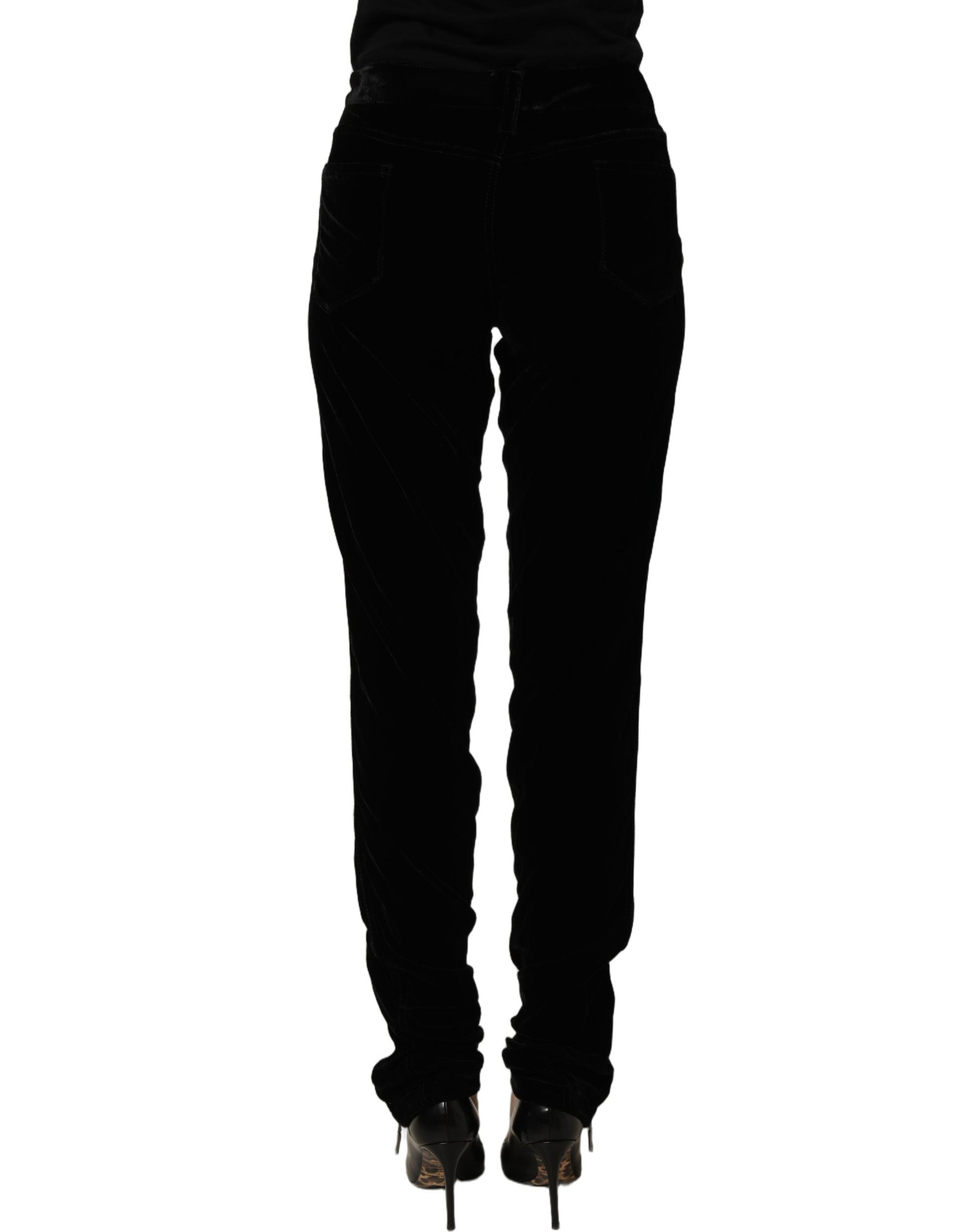 Black Viscose Blend Velvet Slim Fit Pants