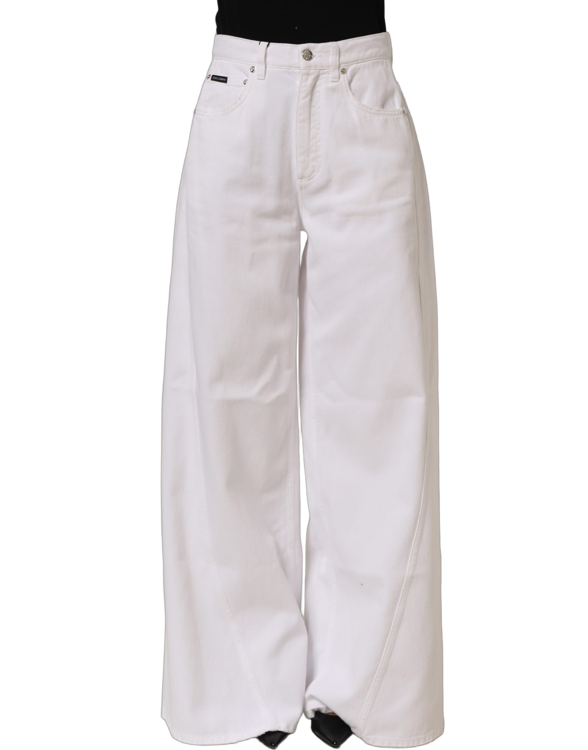 White Cotton Stretch Wide Leg Denim Jeans