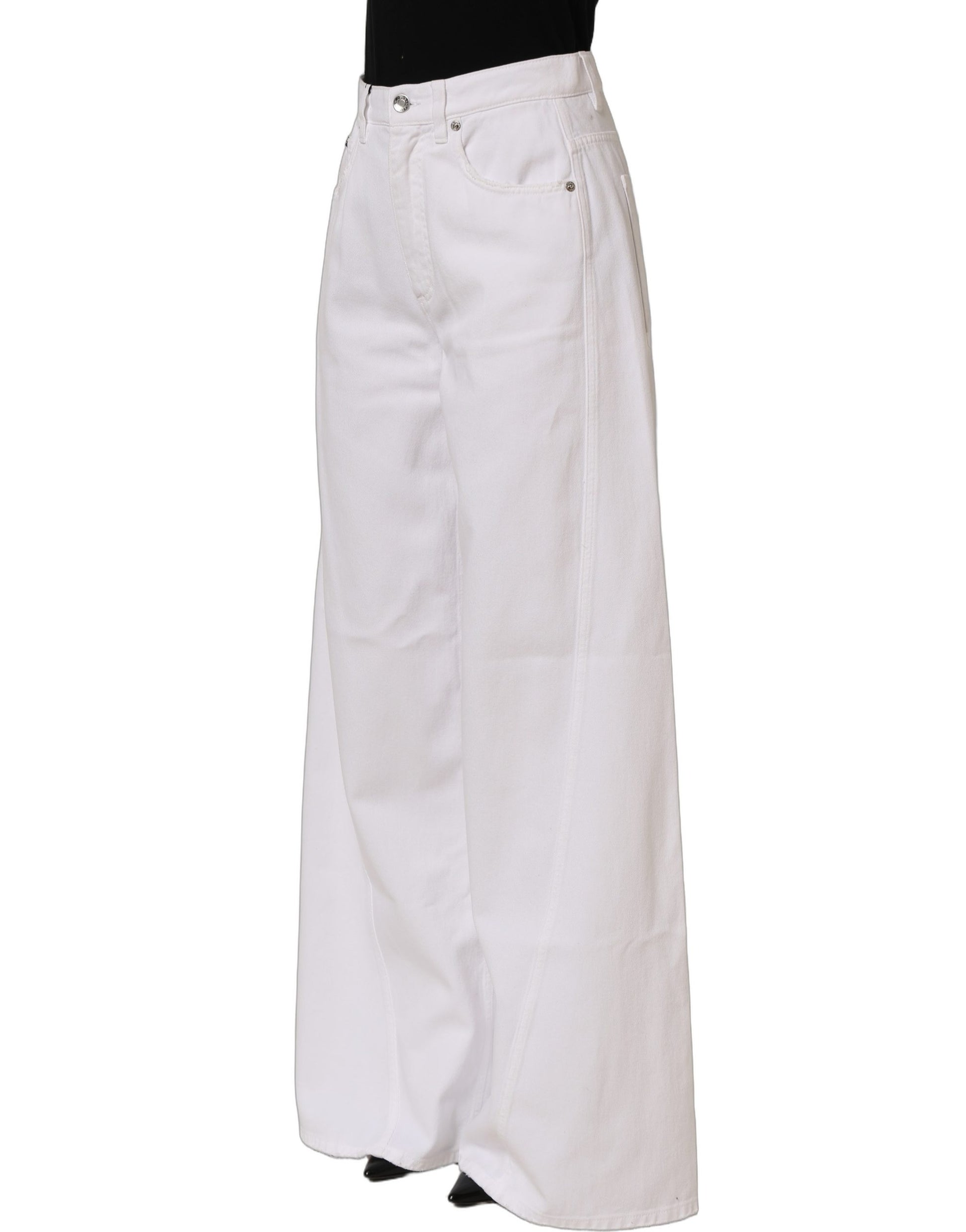White Cotton Stretch Wide Leg Denim Jeans