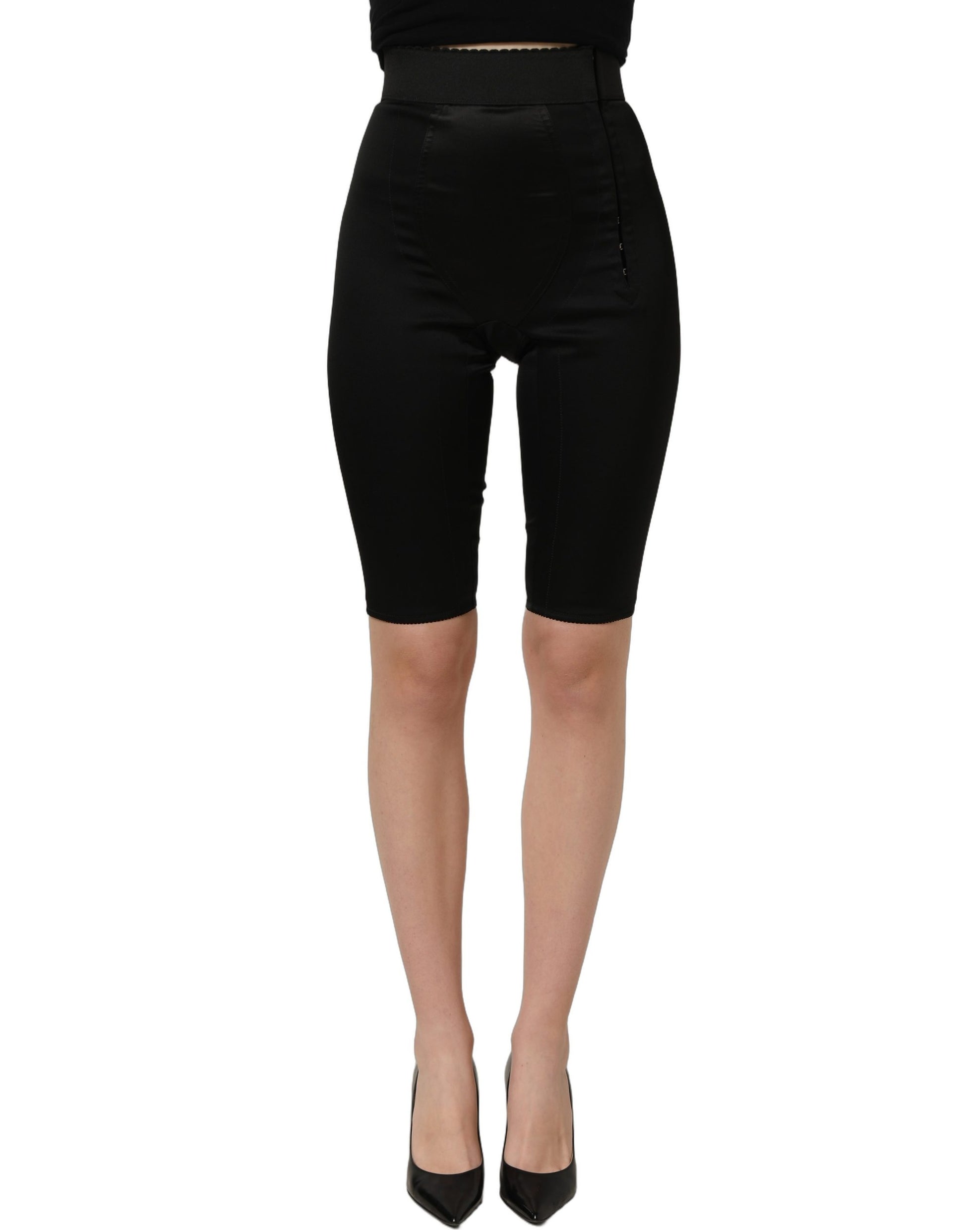 Black Nylon HighWaist Elastic Waistband Shorts