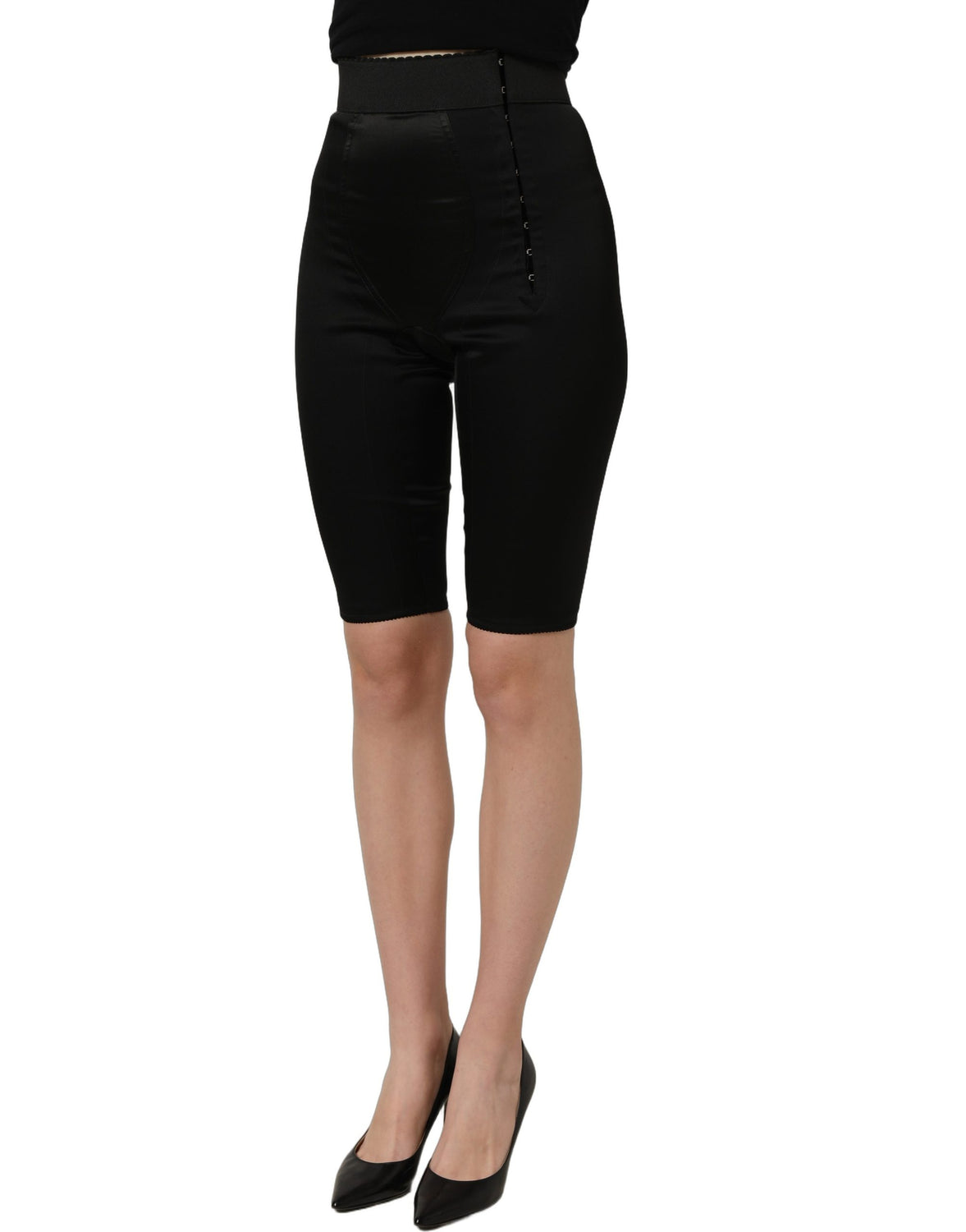 Black Nylon HighWaist Elastic Waistband Shorts