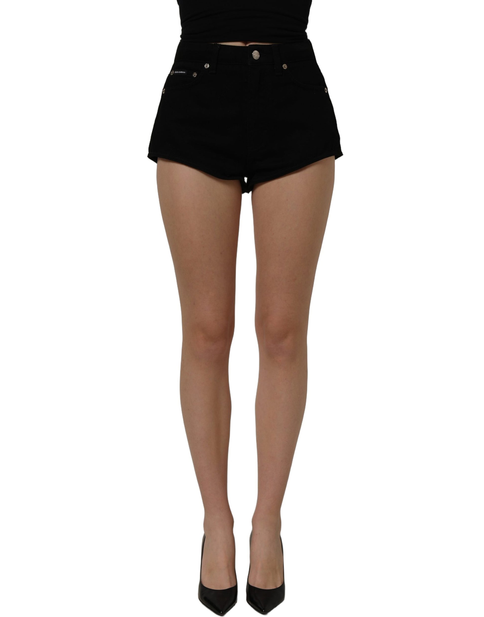 Black Cotton Mid Rise Denim Hot Pants Shorts