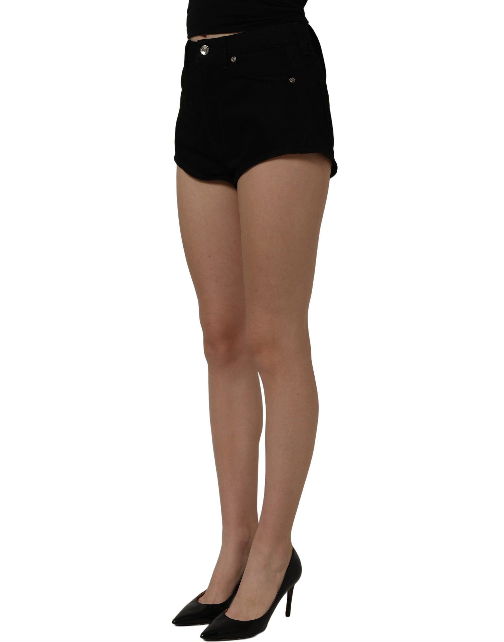 Black Cotton Mid Rise Denim Hot Pants Shorts
