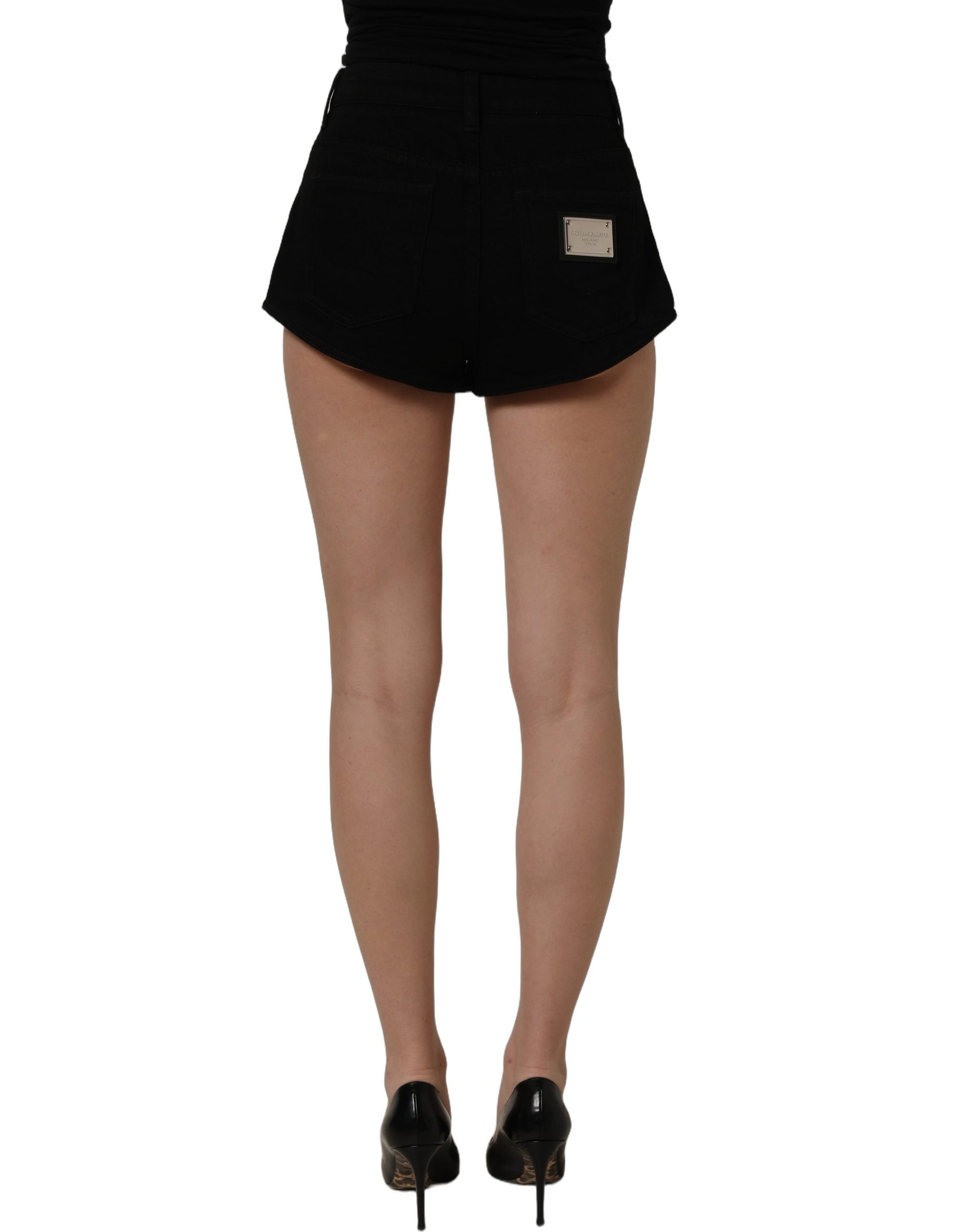 Black Cotton Mid Rise Denim Hot Pants Shorts