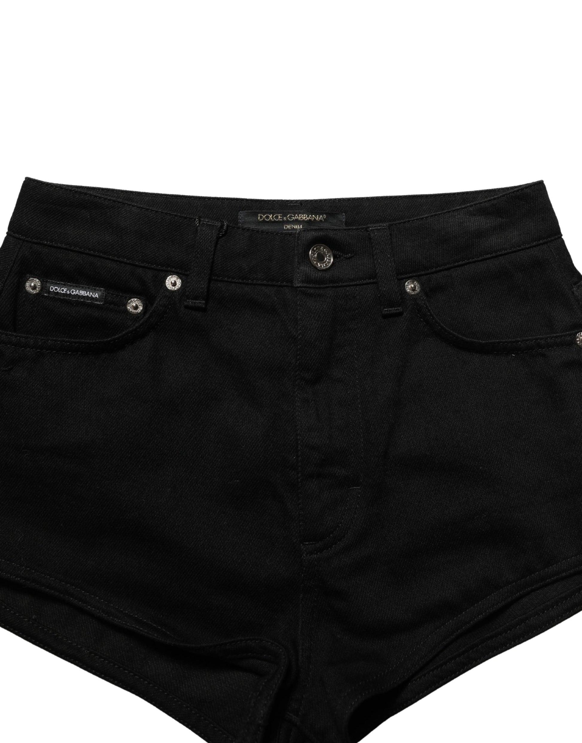 Black Cotton Mid Rise Denim Hot Pants Shorts