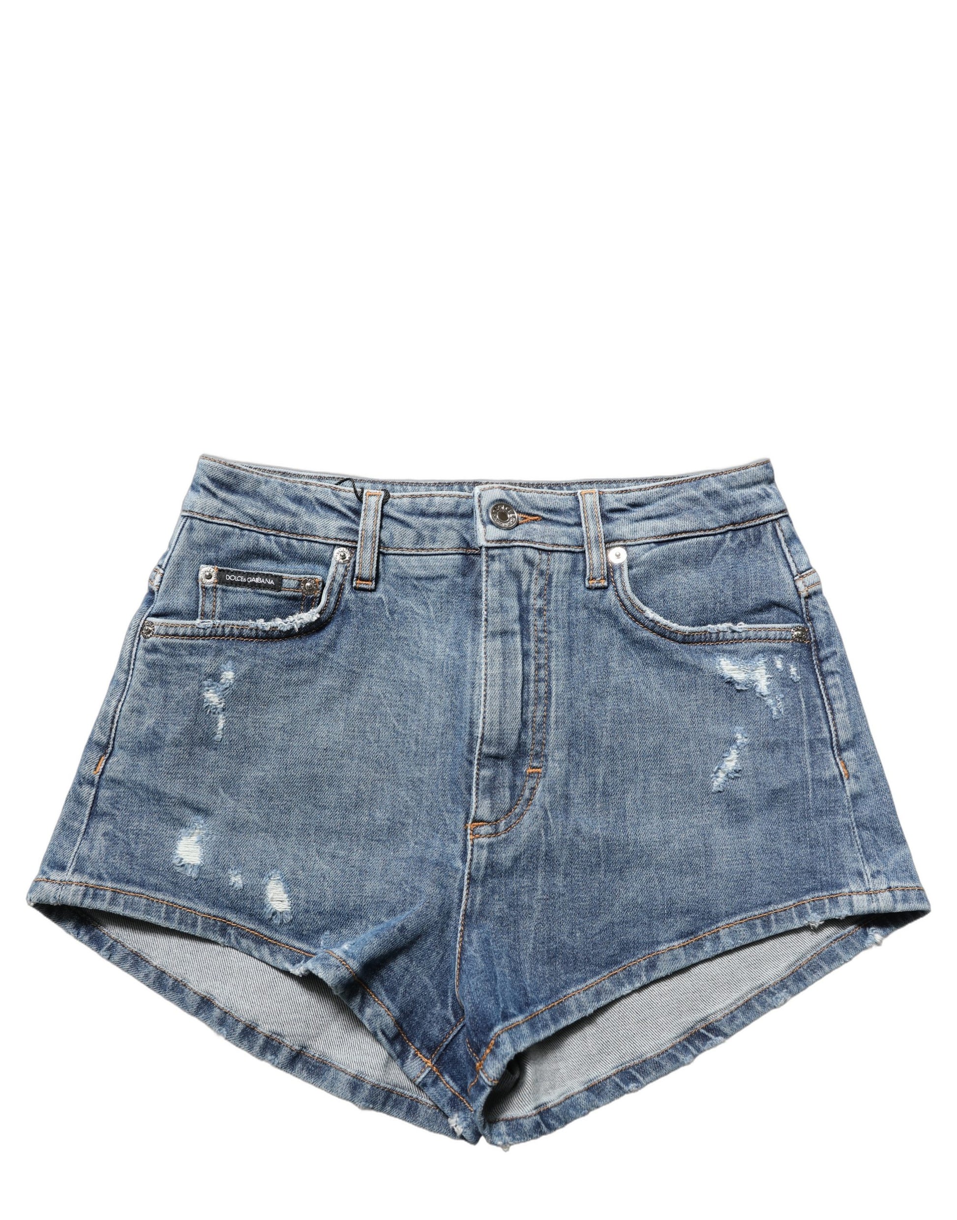 Blue Cotton High Rise Denim Hot Pants Shorts