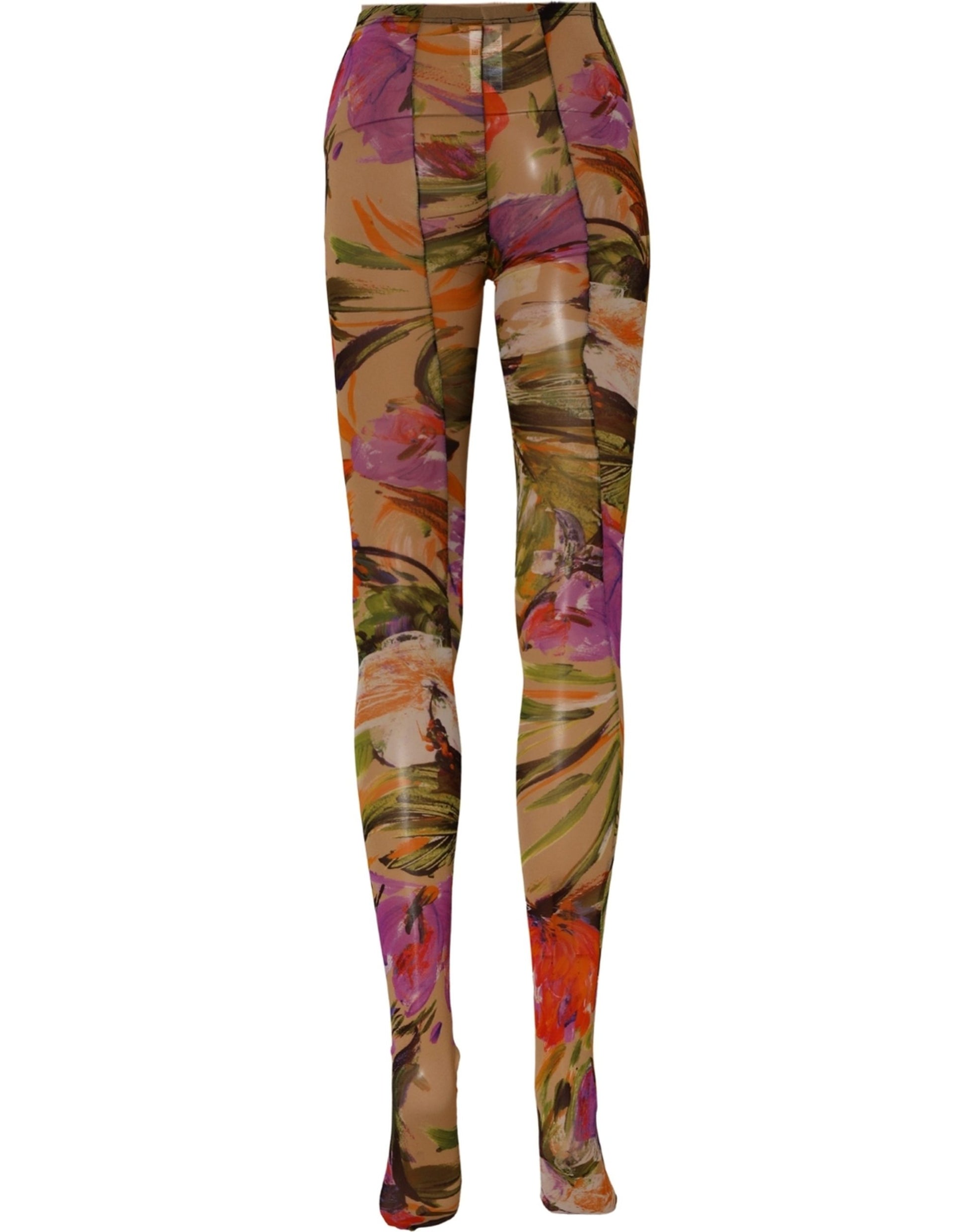 Beige Floral Print Tights Sheer Stockings Socks