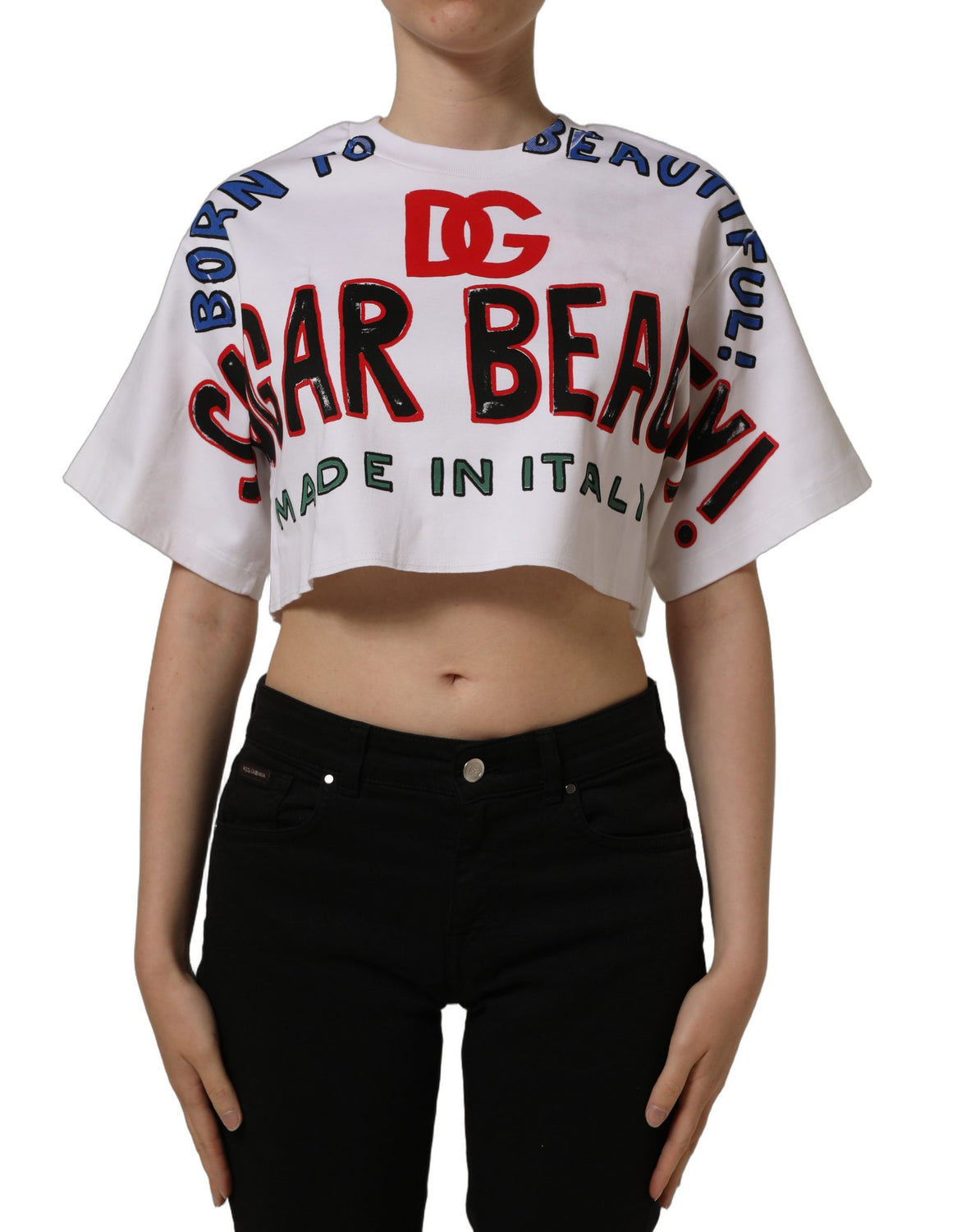 White Graphic Cotton Jersey Cropped T-shirt