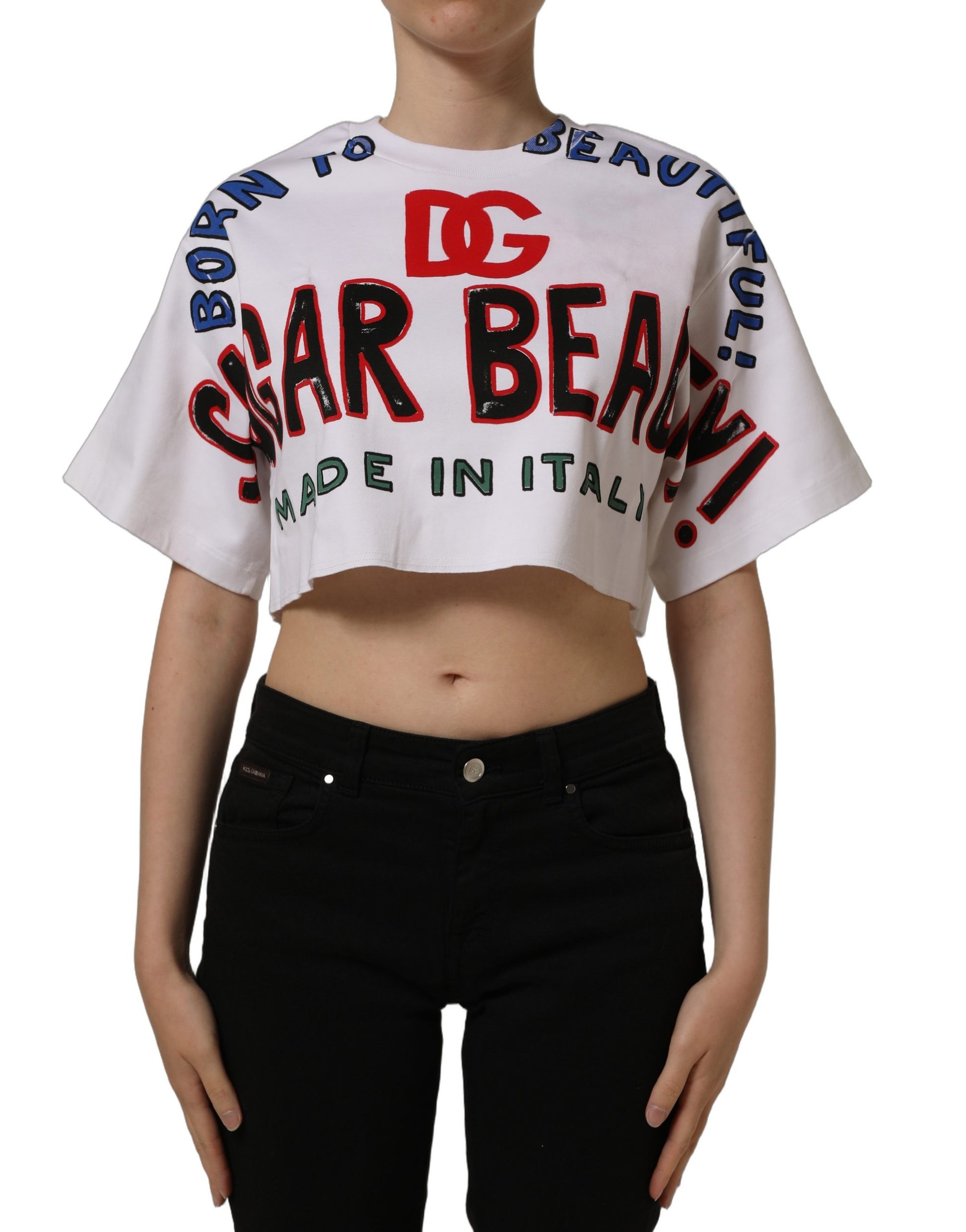 White Graphic Cotton Jersey Cropped T-shirt