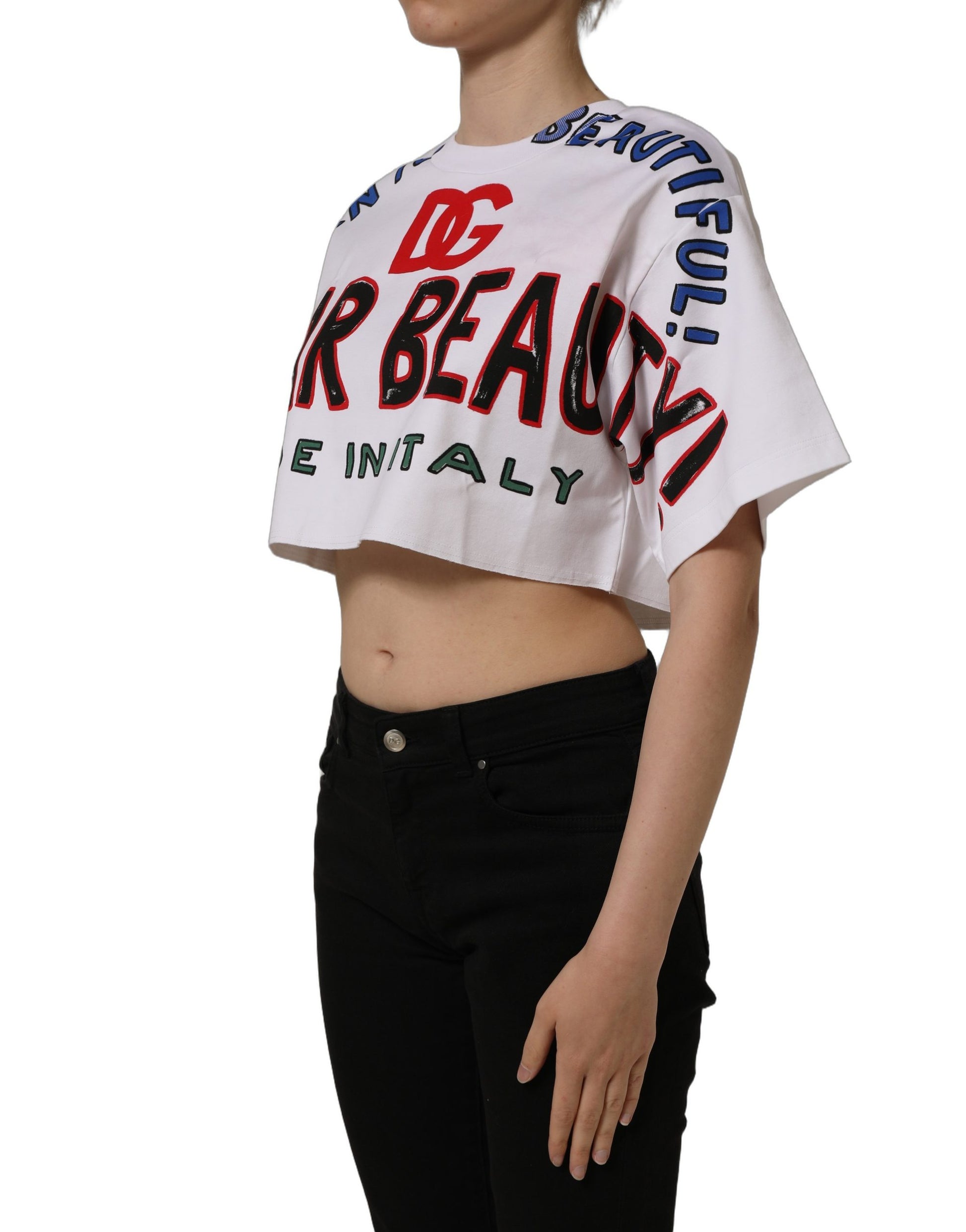 White Graphic Cotton Jersey Cropped T-shirt