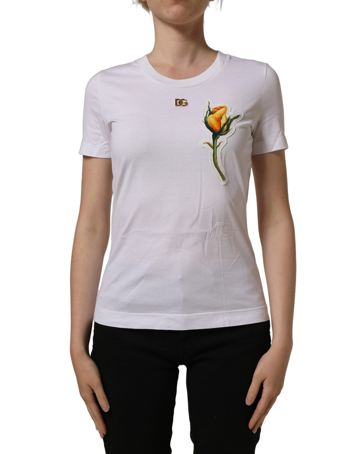 White Cotton Rose Patch Crew Neck T-shirt