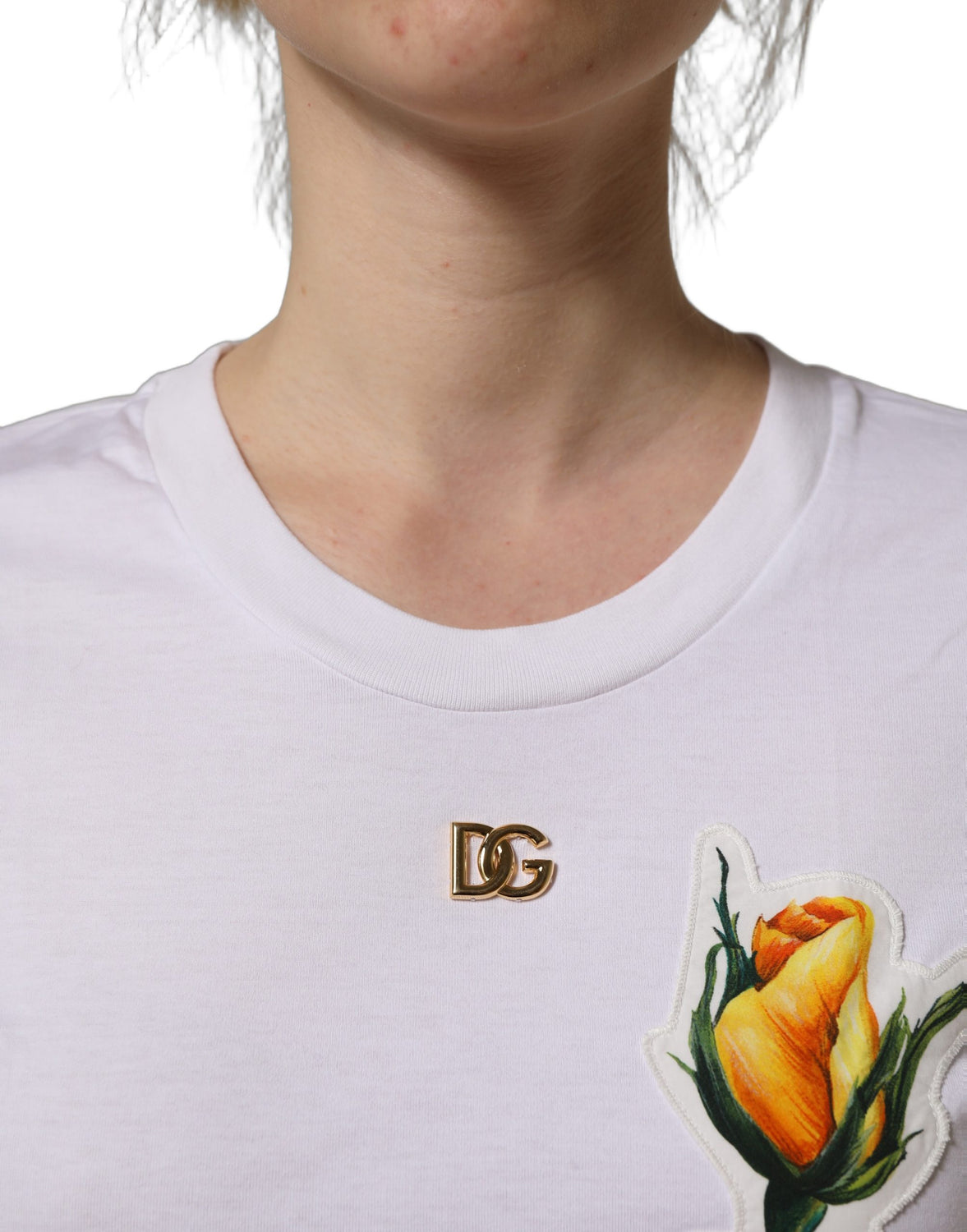 White Cotton Rose Patch Crew Neck T-shirt