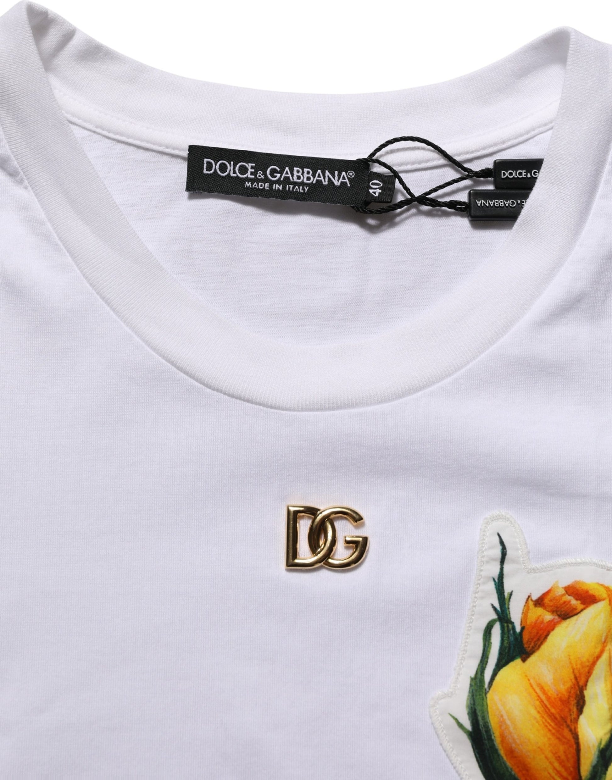 White Cotton Rose Patch Crew Neck T-shirt