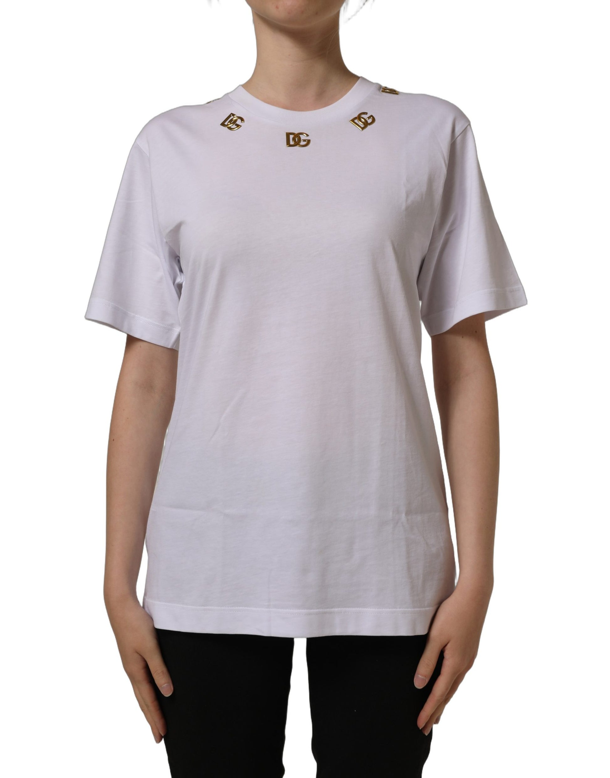 White Cotton Gold DG Logo Crew Neck T-shirt