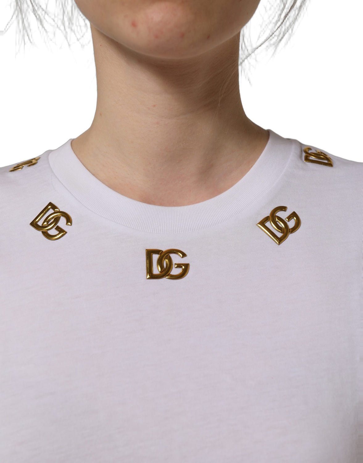 White Cotton Gold DG Logo Crew Neck T-shirt