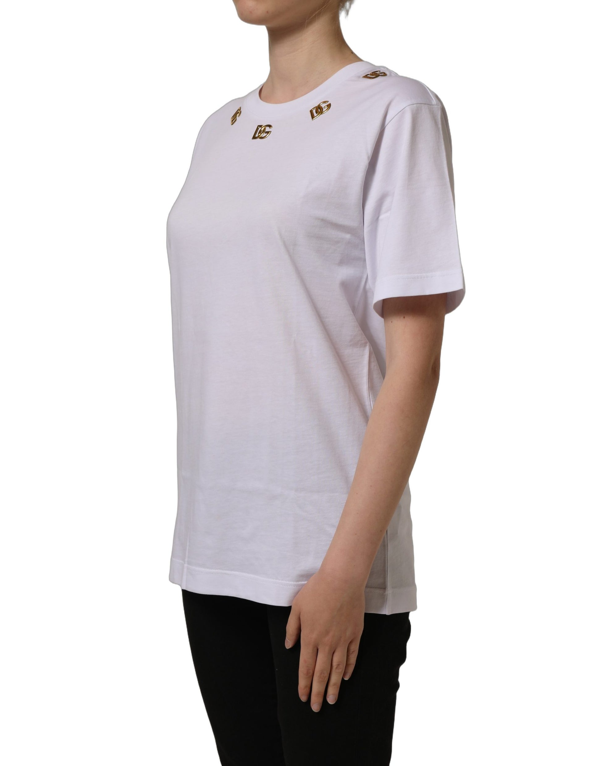 White Cotton Gold DG Logo Crew Neck T-shirt