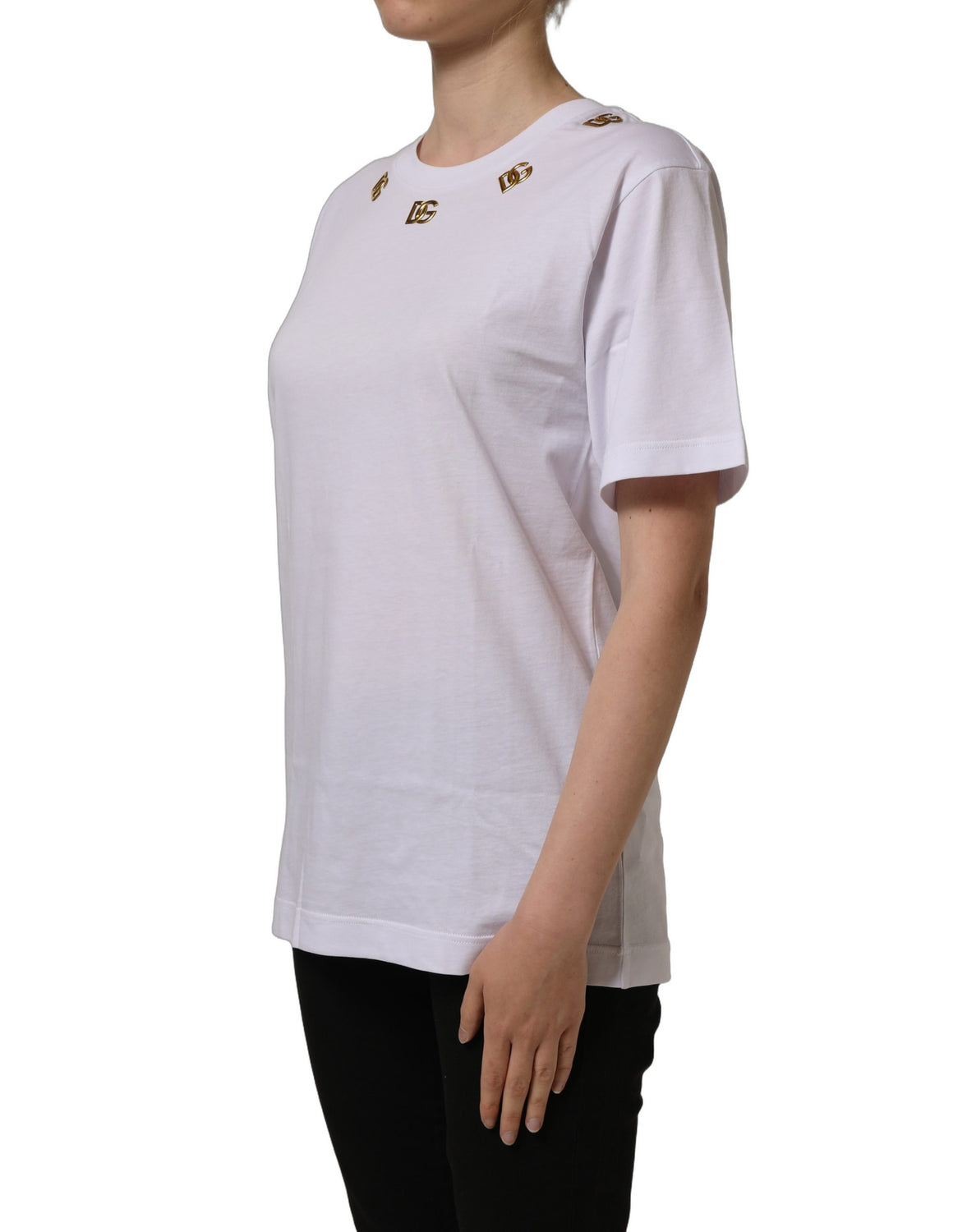 White Cotton Gold DG Logo Crew Neck T-shirt