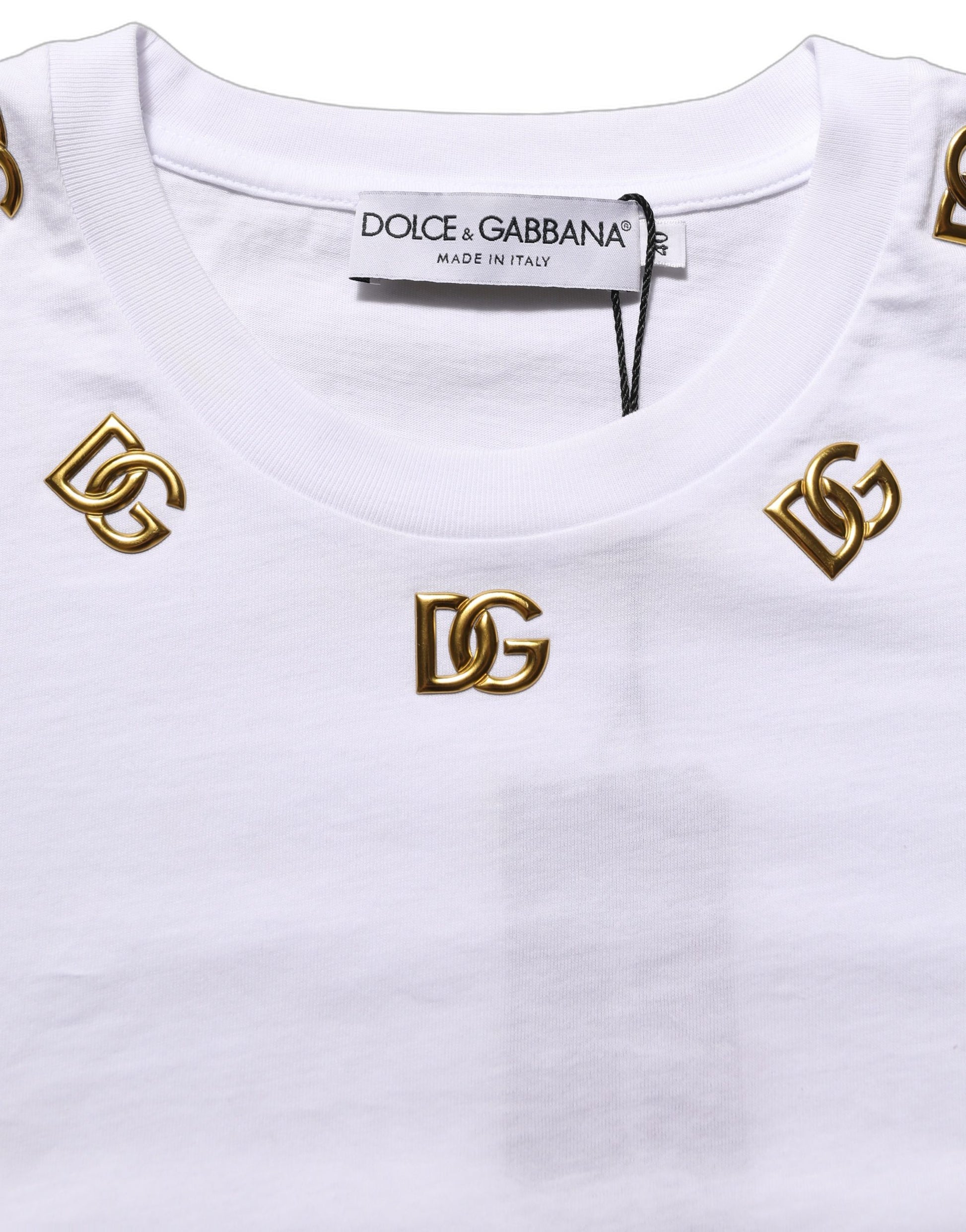 White Cotton Gold DG Logo Crew Neck T-shirt