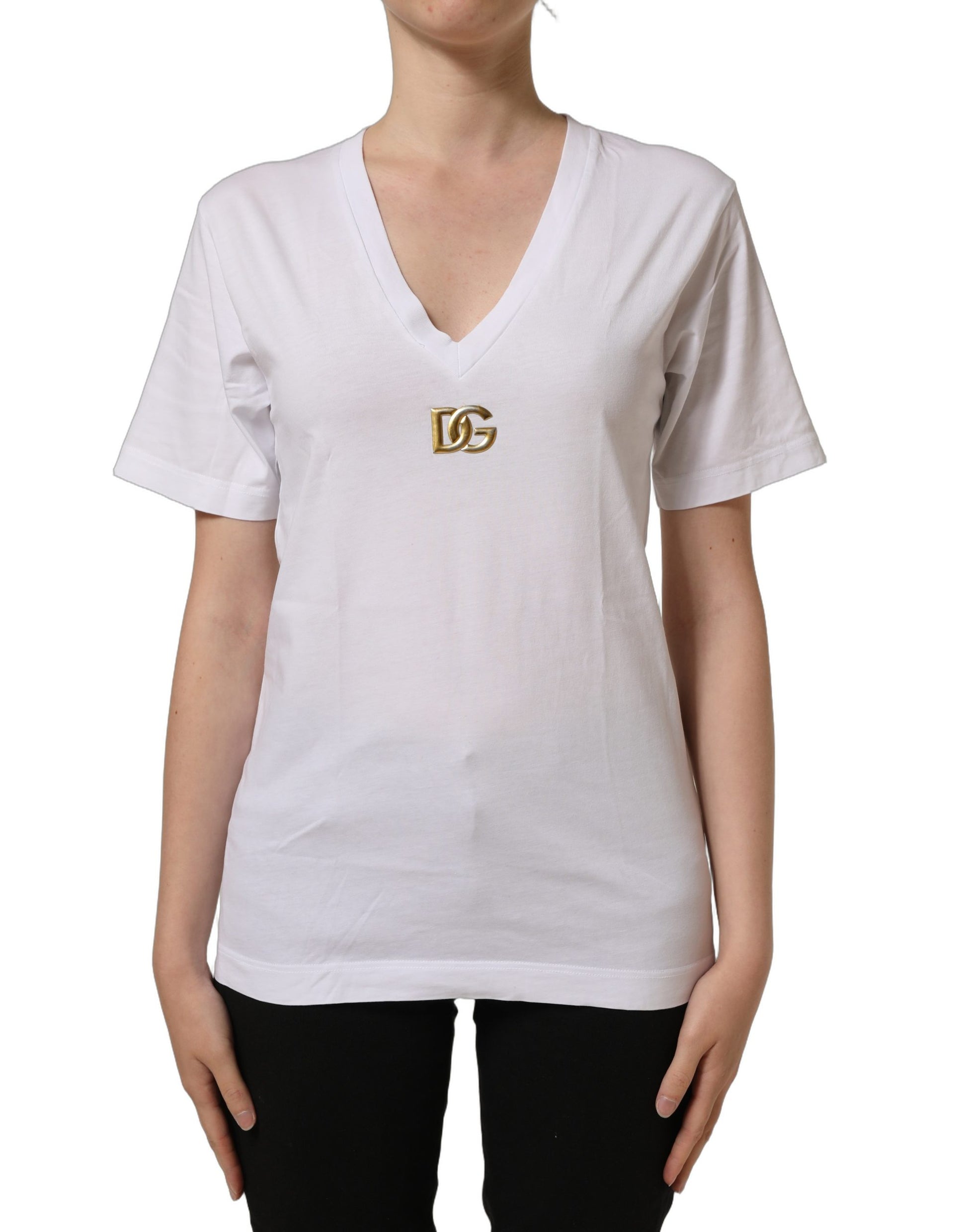 White Cotton Gold DG Logo V-Neck T-shirt