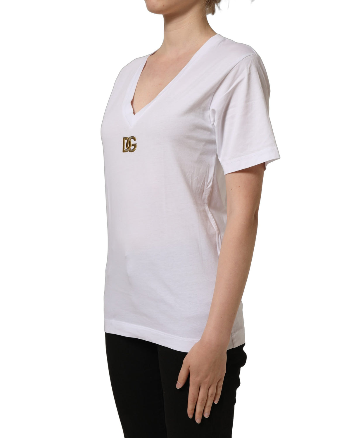 White Cotton Gold DG Logo V-Neck T-shirt