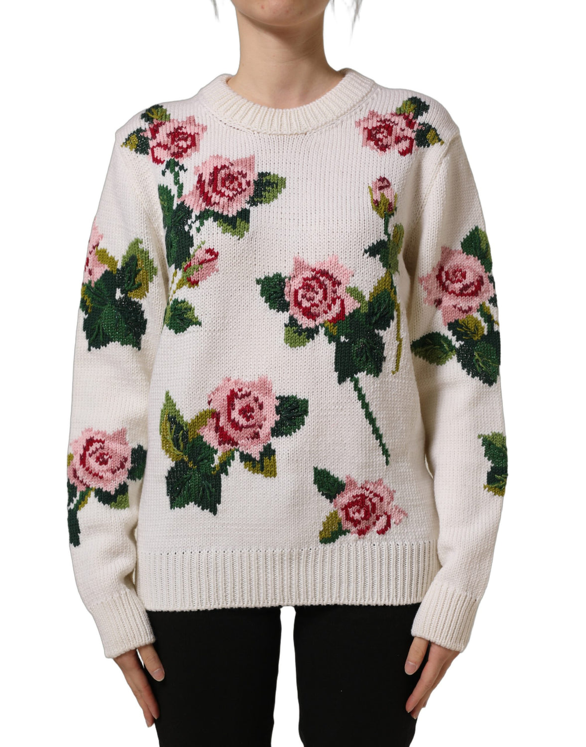 White Wool Floral Crew Neck Pullover Sweater