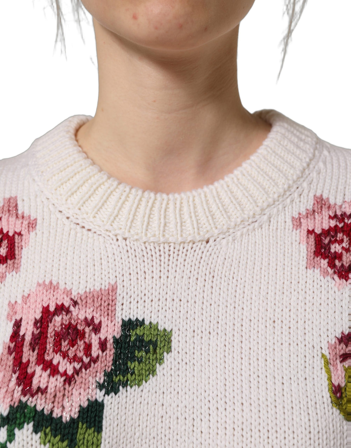 White Wool Floral Crew Neck Pullover Sweater