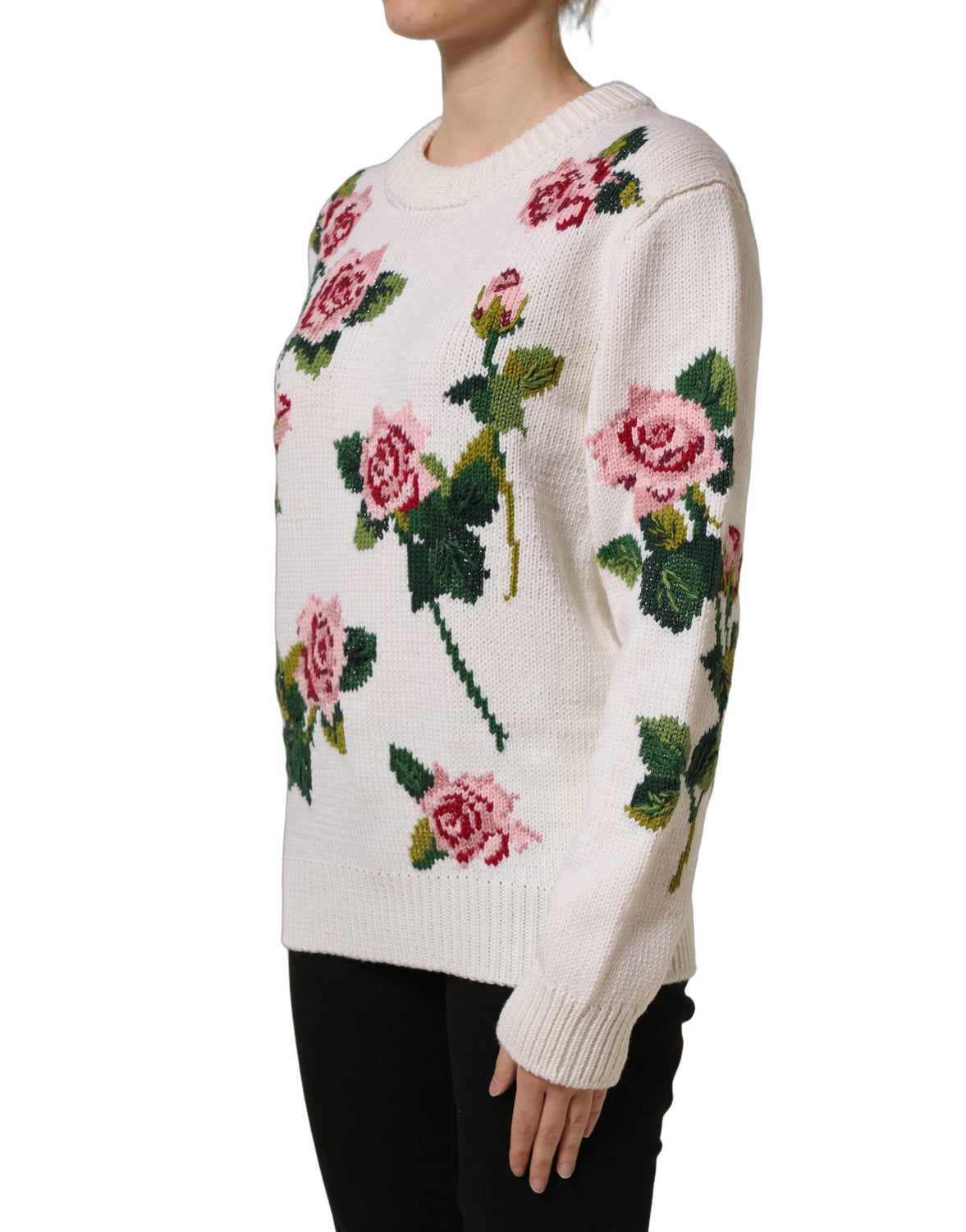 White Wool Floral Crew Neck Pullover Sweater