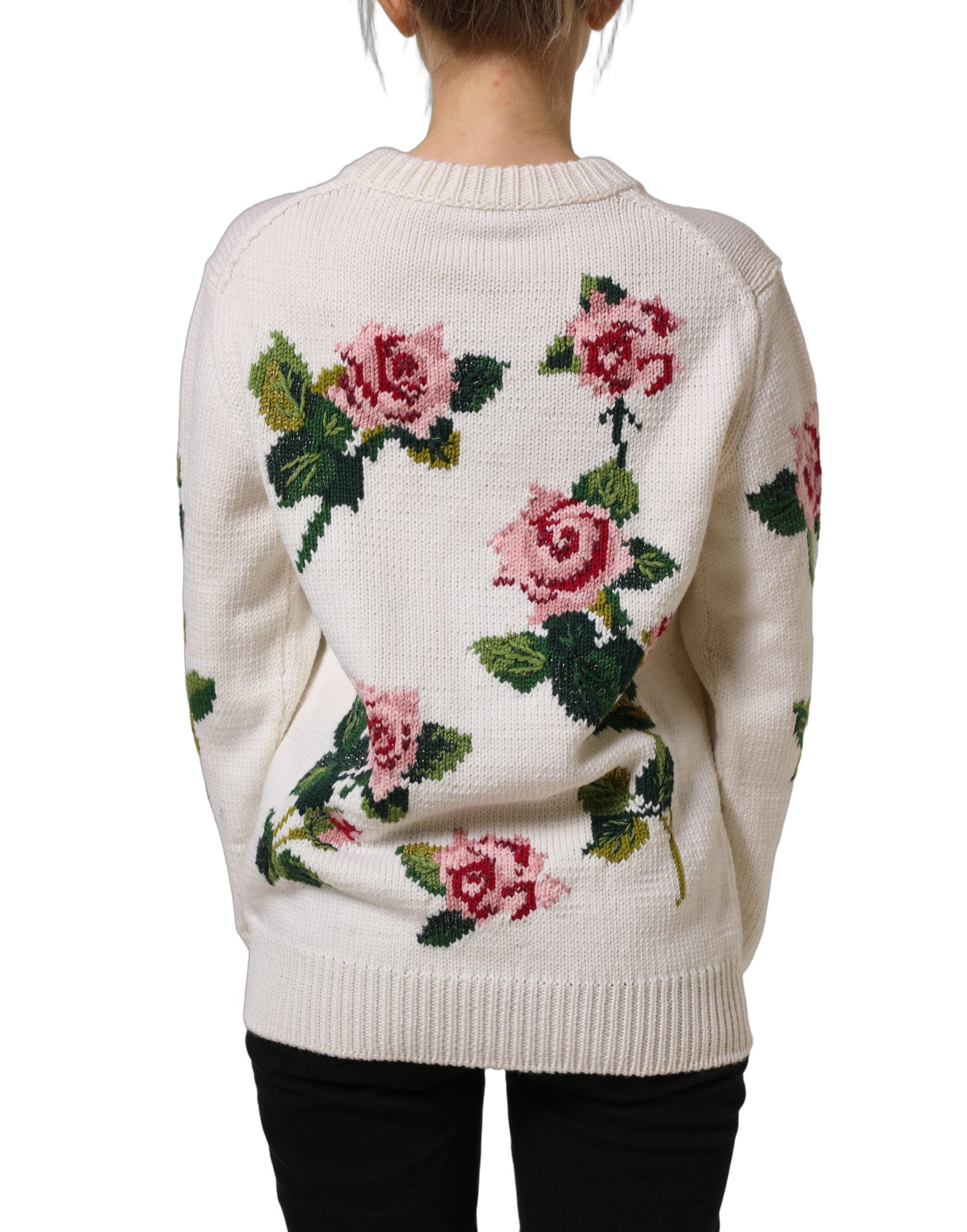 White Wool Floral Crew Neck Pullover Sweater