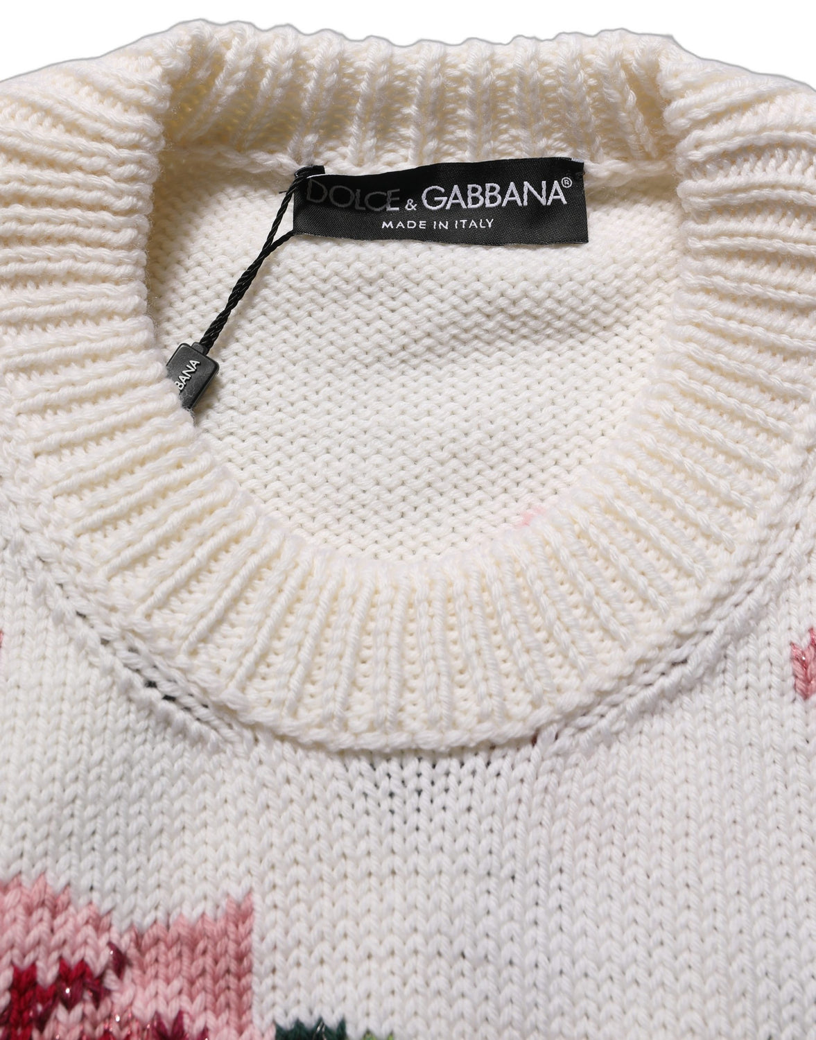 White Wool Floral Crew Neck Pullover Sweater