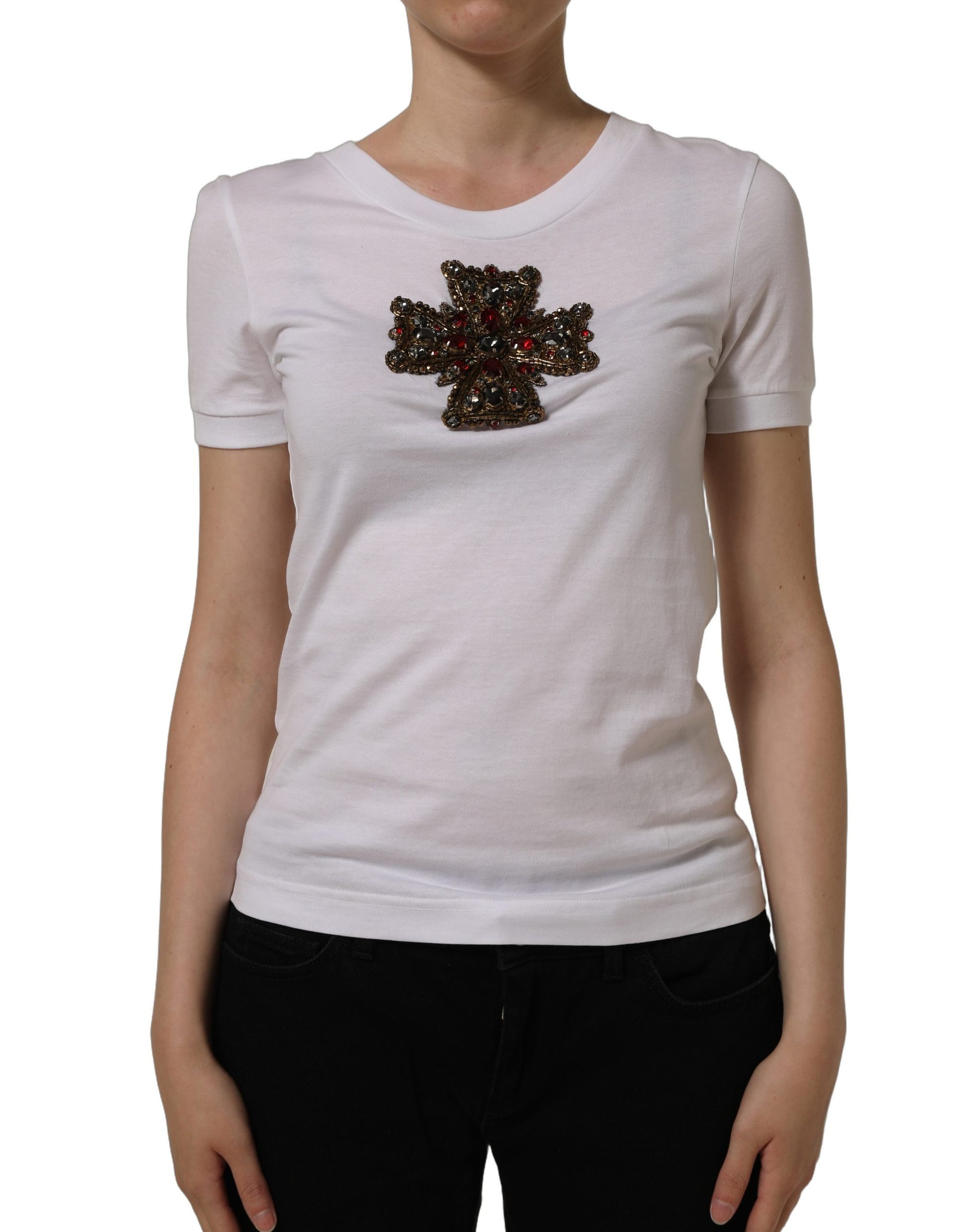 White Crystal Embellished Cross Top T-shirt