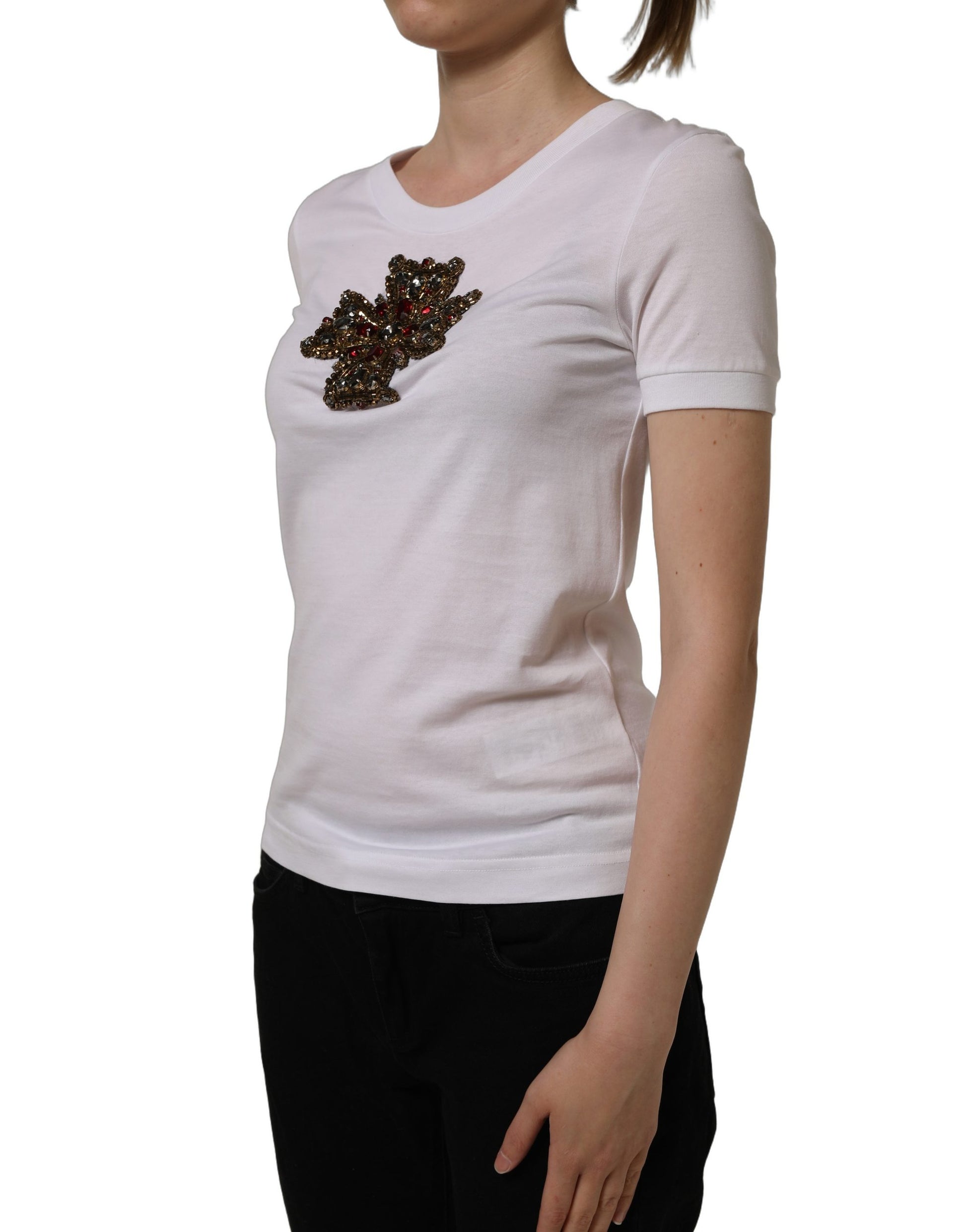 White Crystal Embellished Cross Top T-shirt