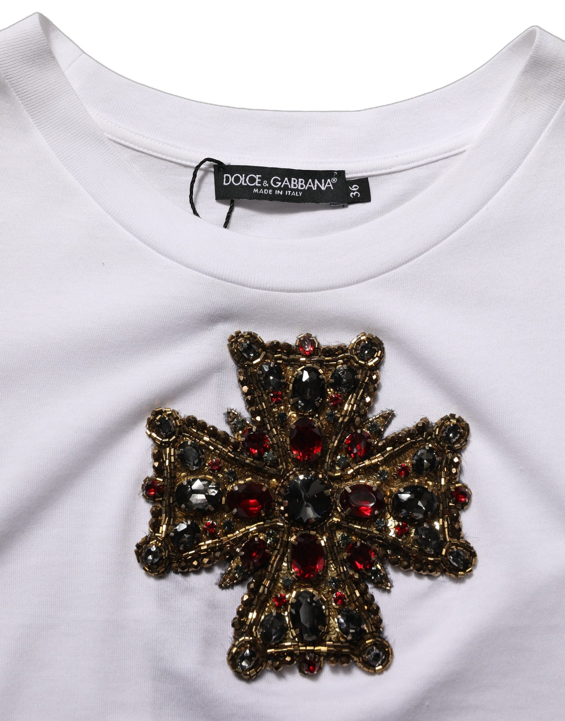 White Crystal Embellished Cross Top T-shirt