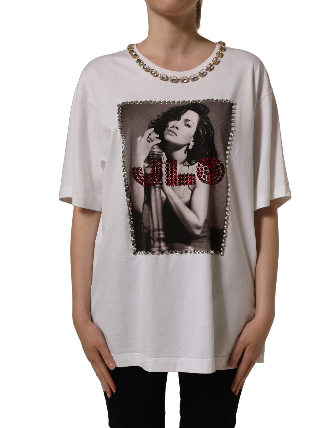 White Printed Jeweled Round Neck T-shirt