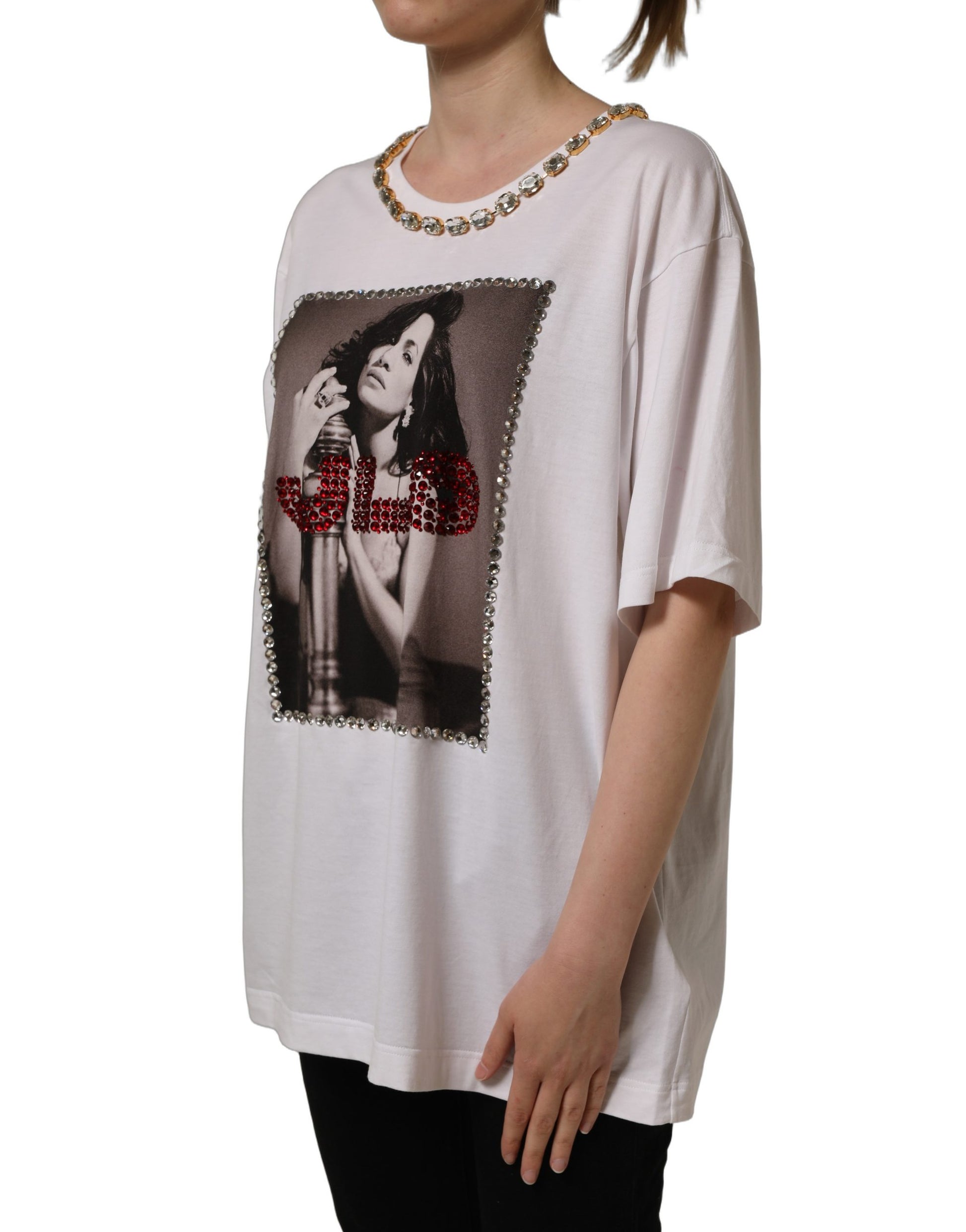 White Printed Jeweled Round Neck T-shirt
