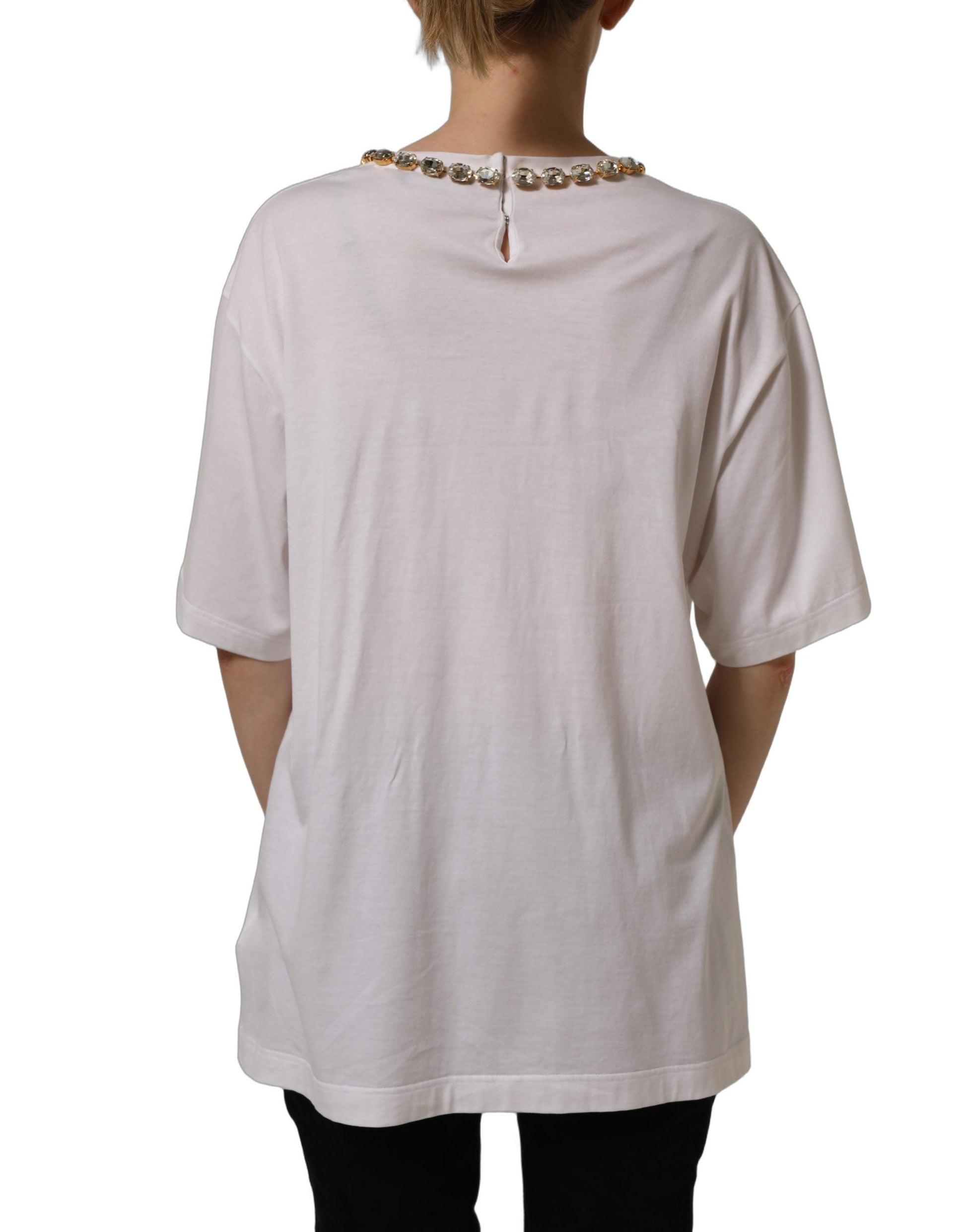 White Printed Jeweled Round Neck T-shirt