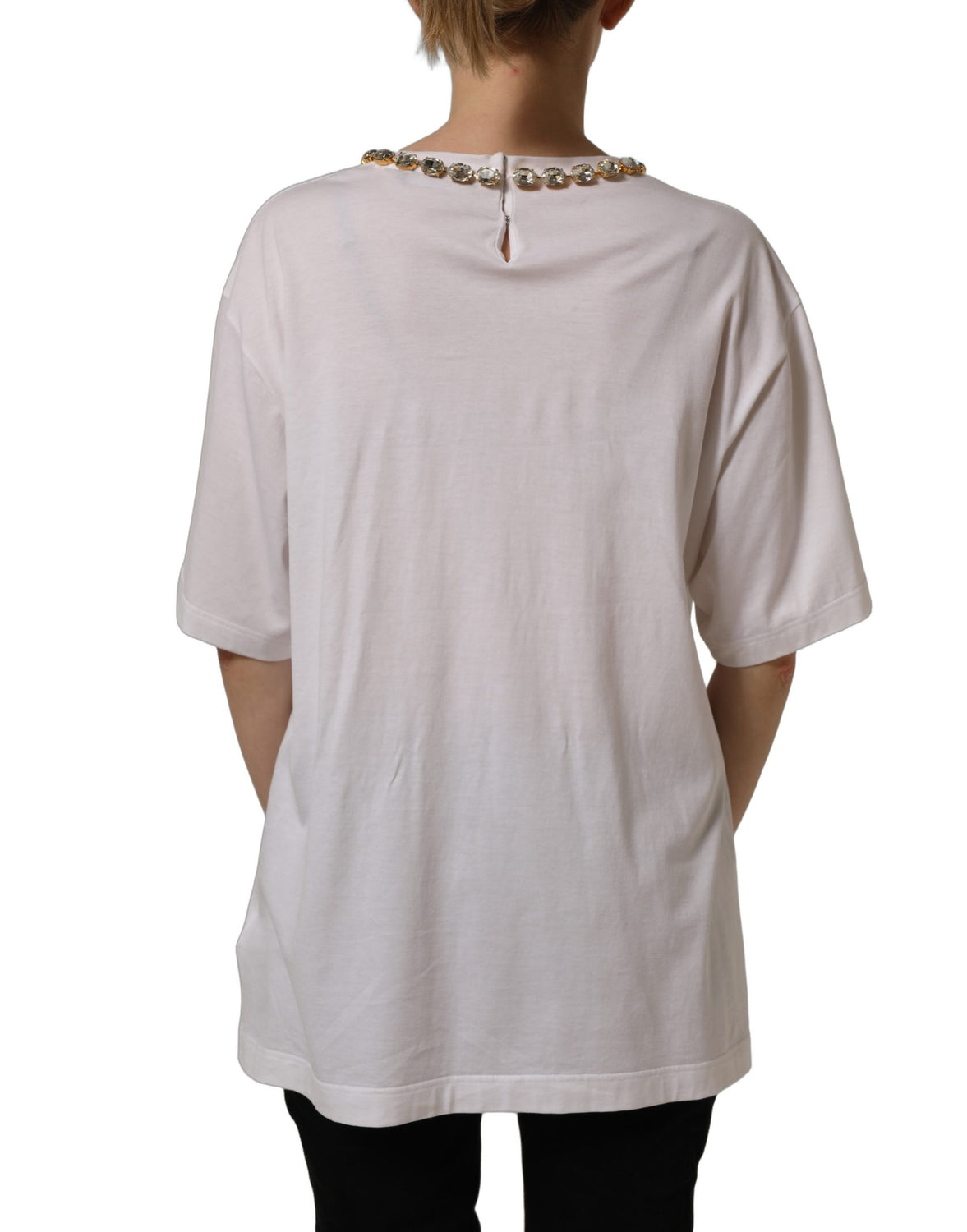 White Printed Jeweled Round Neck T-shirt