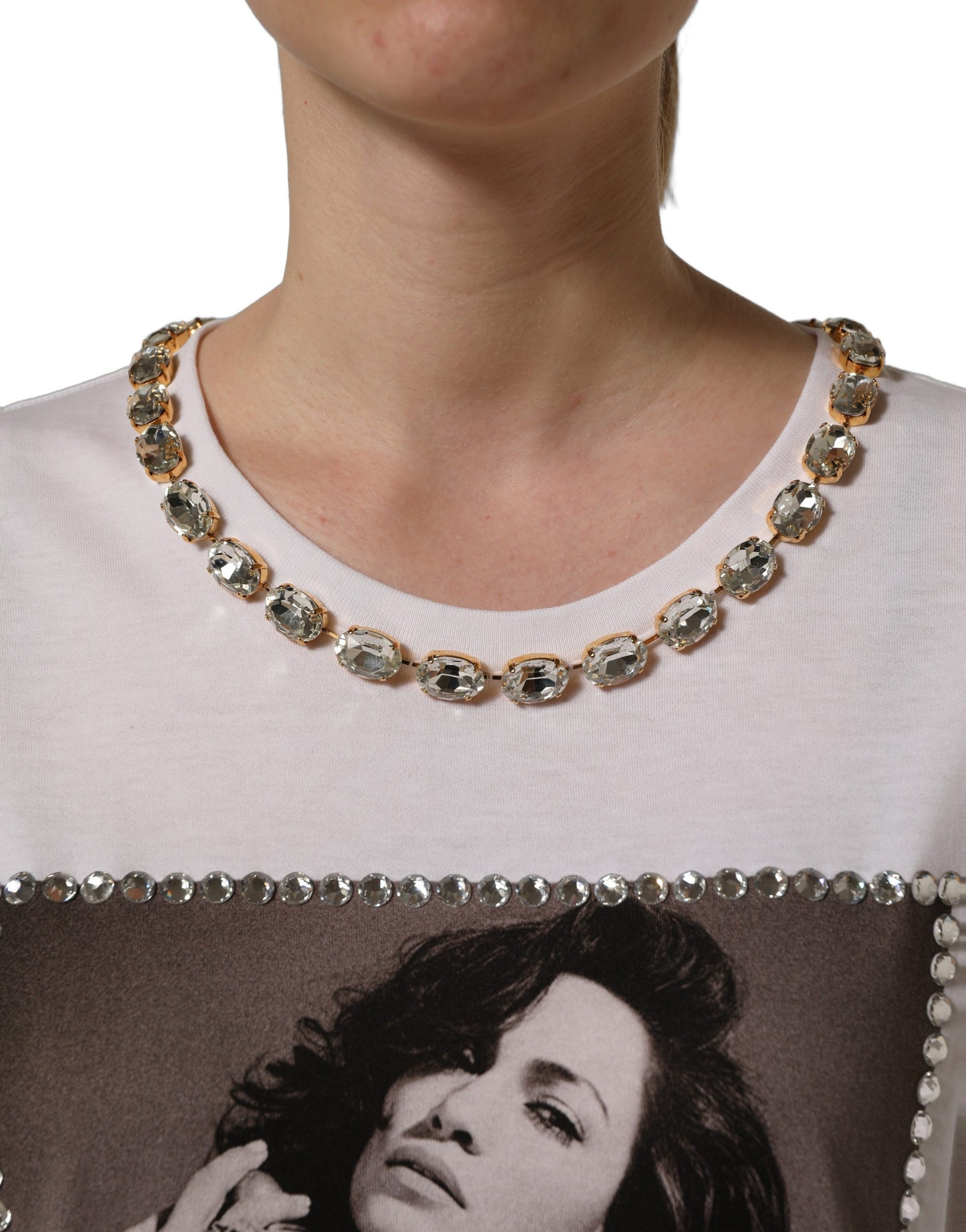 White Printed Jeweled Round Neck T-shirt
