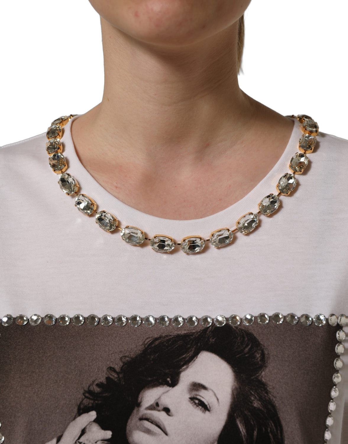 White Printed Jeweled Round Neck T-shirt