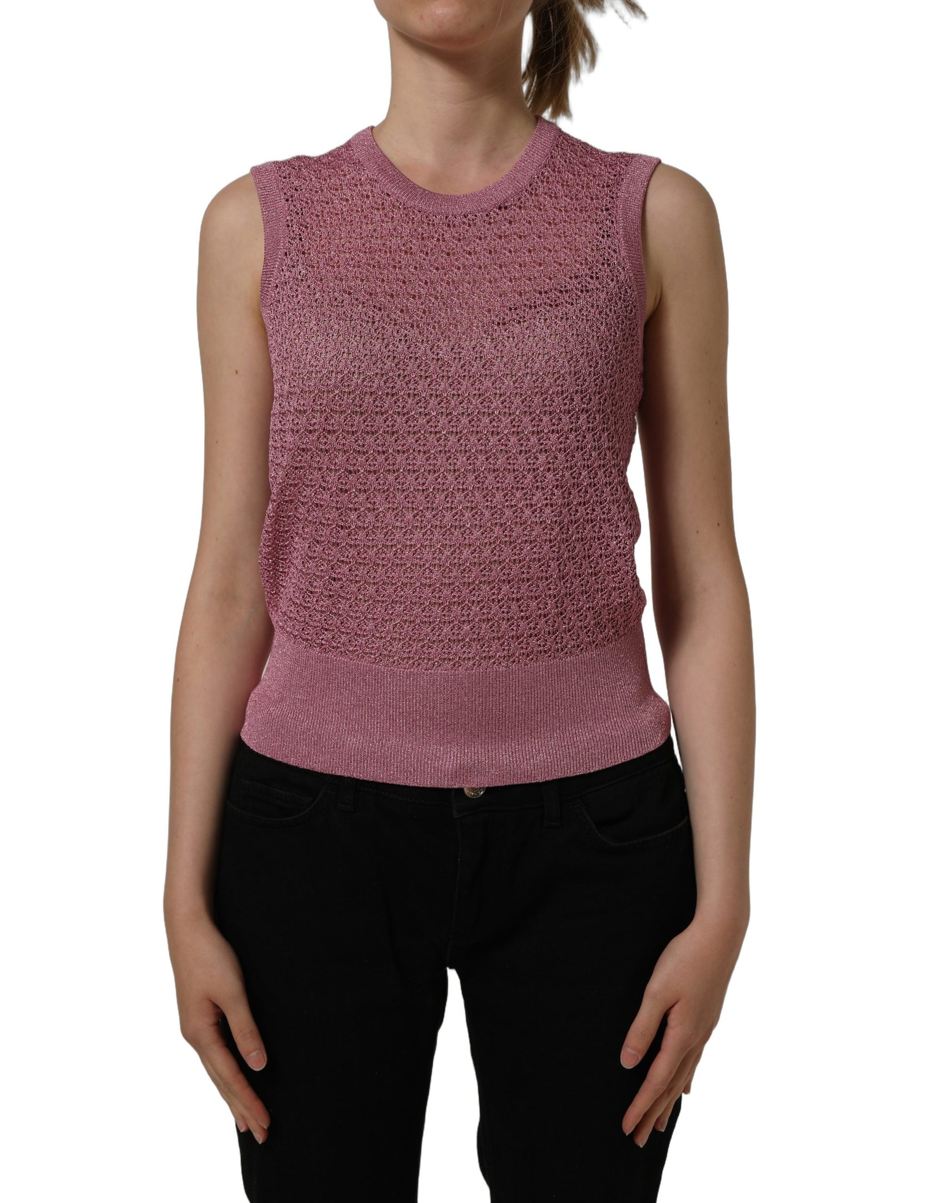 Pink Sheer Mesh Crew Neck Sleeveless Tank Top