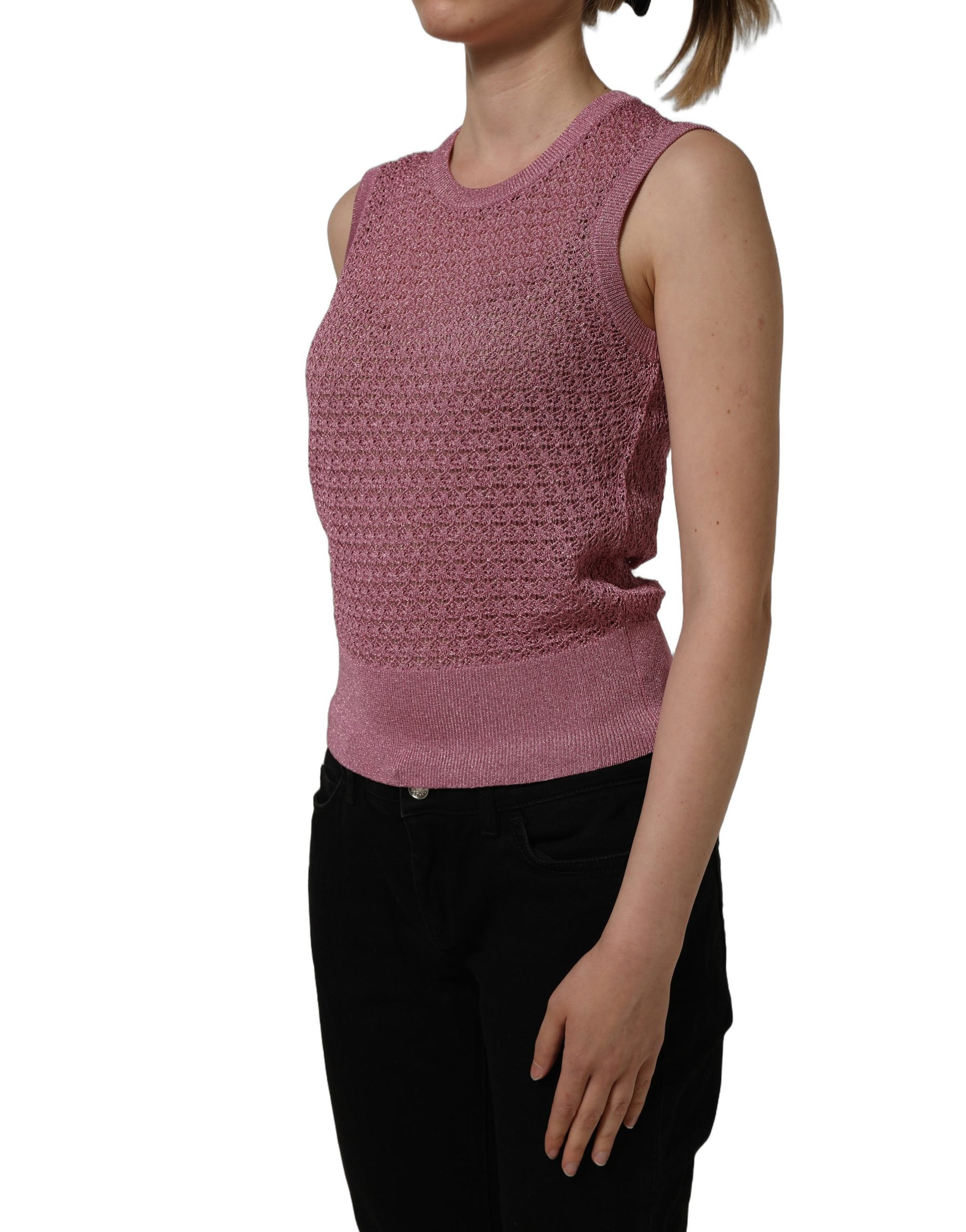 Pink Sheer Mesh Crew Neck Sleeveless Tank Top
