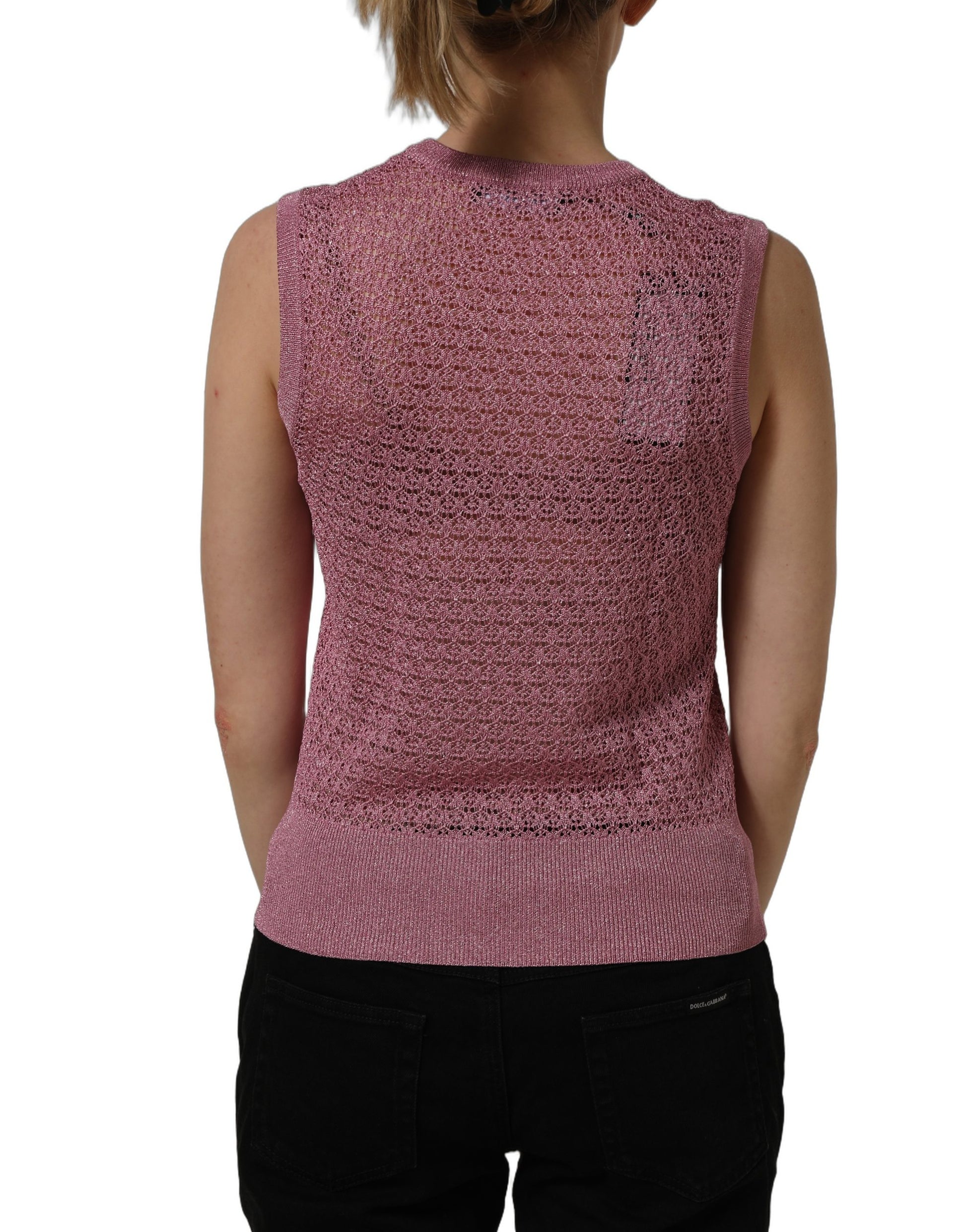 Pink Sheer Mesh Crew Neck Sleeveless Tank Top