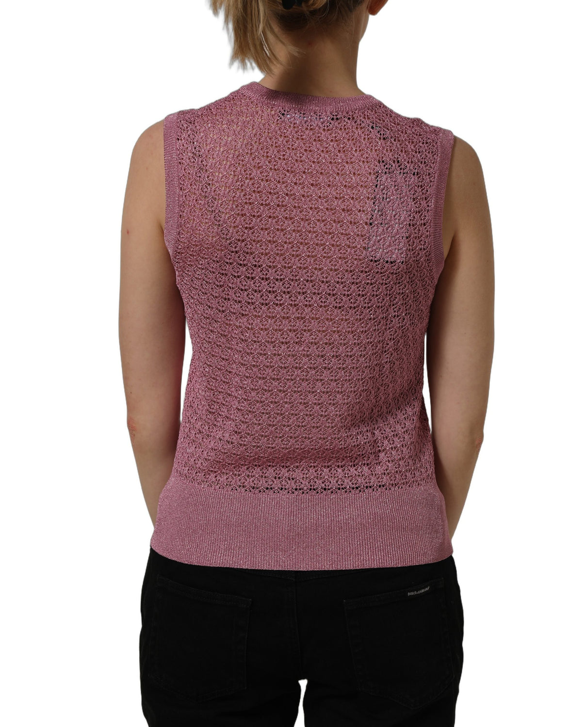 Pink Sheer Mesh Crew Neck Sleeveless Tank Top