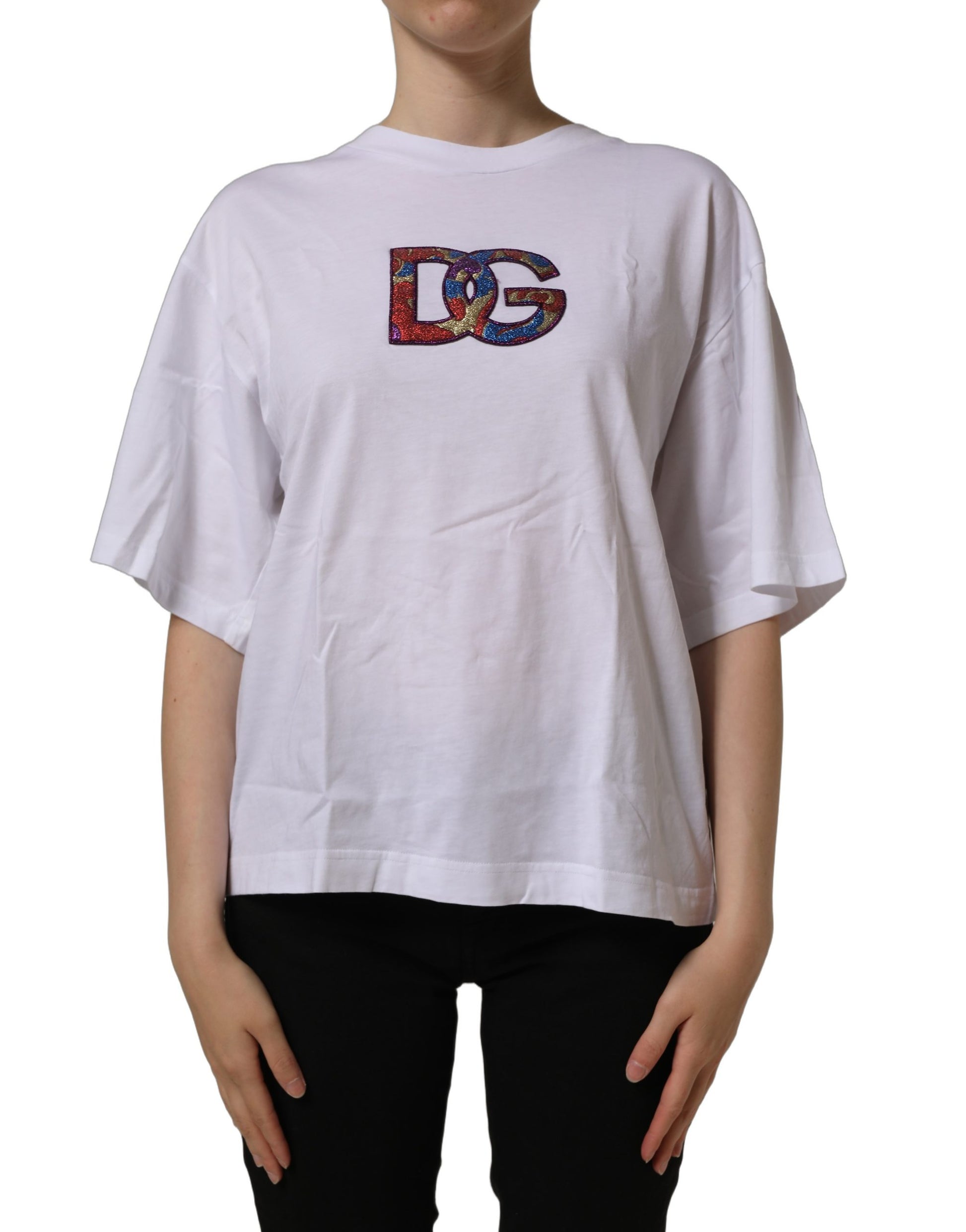 White Logo Patch Cotton Crew Neck T-shirt