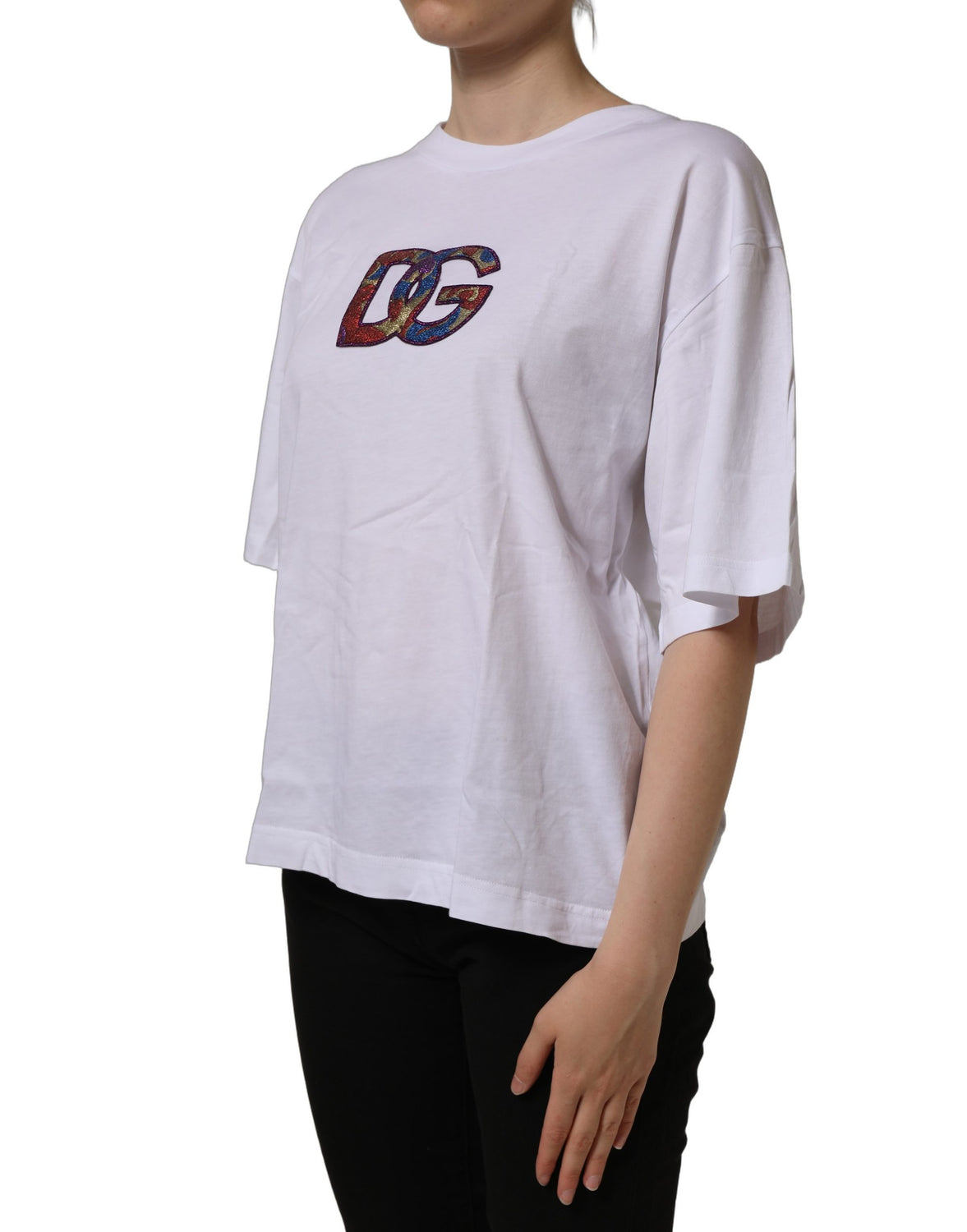 White Logo Patch Cotton Crew Neck T-shirt
